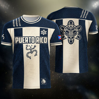 Taino Coqui Navy Beige Puerto Rico Soccer Jersey for Men and Women, Flag PR Heritage Art, Top Puerto Rico Shirt and Puerto Rico Jersey, Northryn Co.