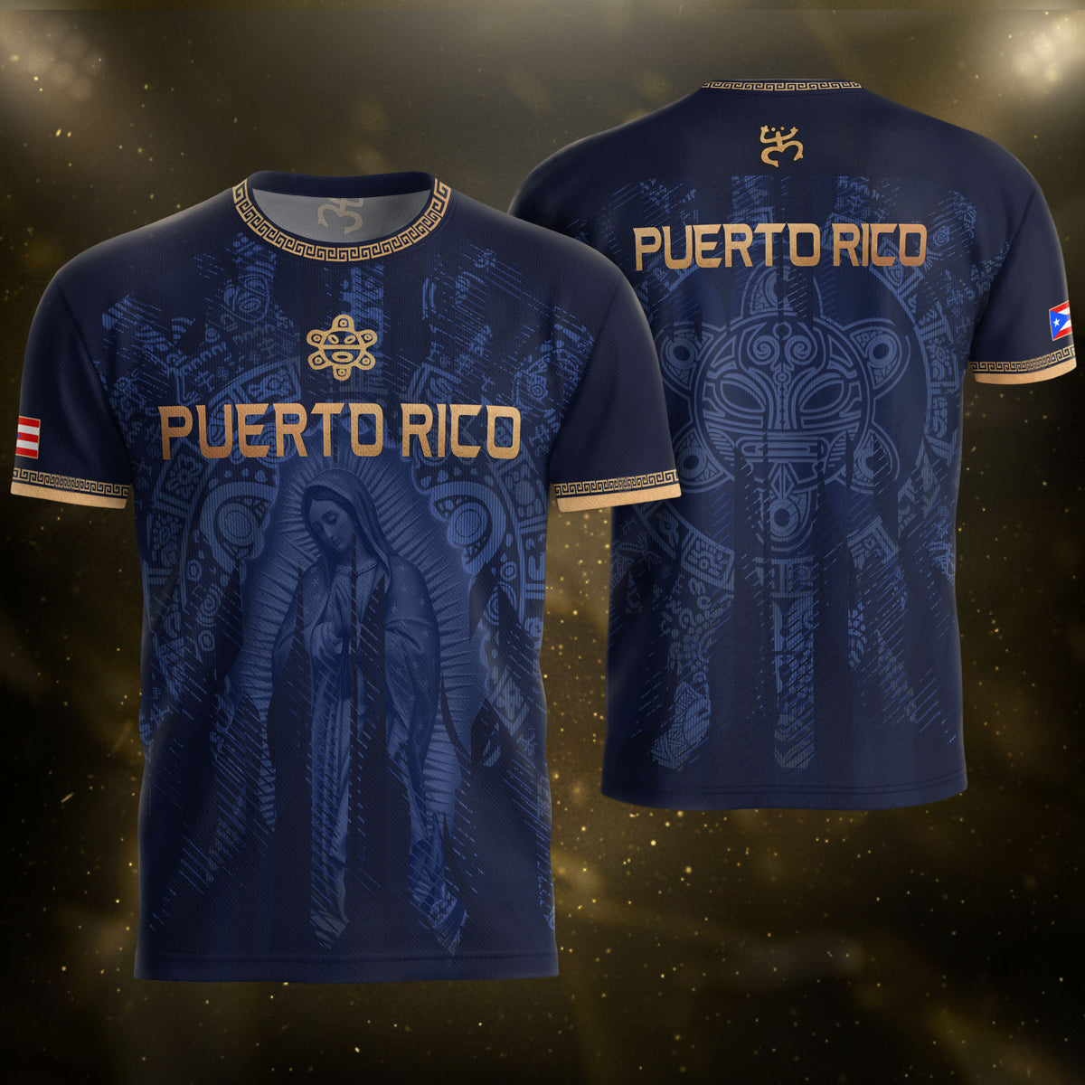 Camiseta de fútbol con máscara taína boricua azul marino de Puerto Rico, bandera tribal, orgullo nacional