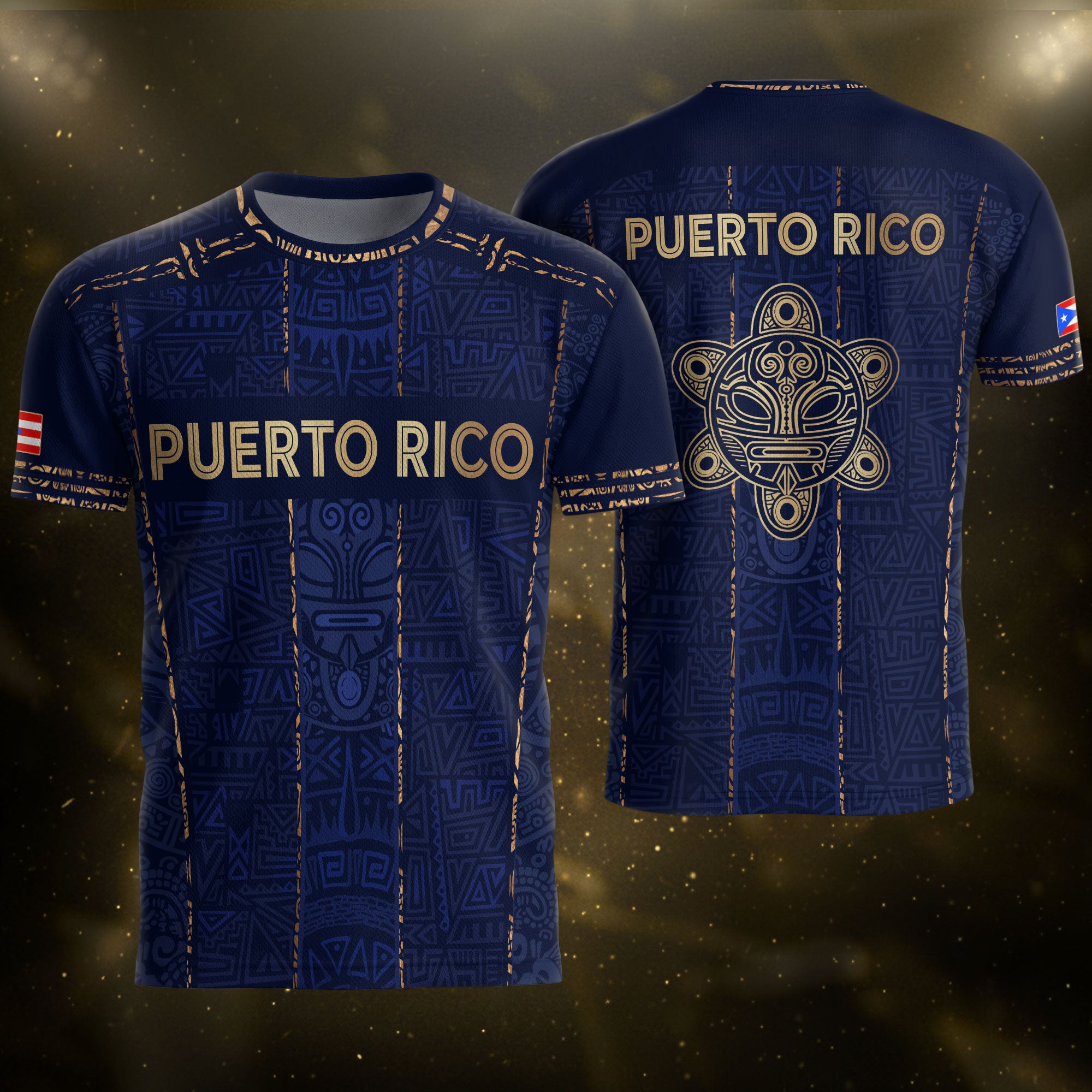 Camiseta de fútbol con máscara taína boricua azul marino de Puerto Rico, bandera tribal, orgullo nacional