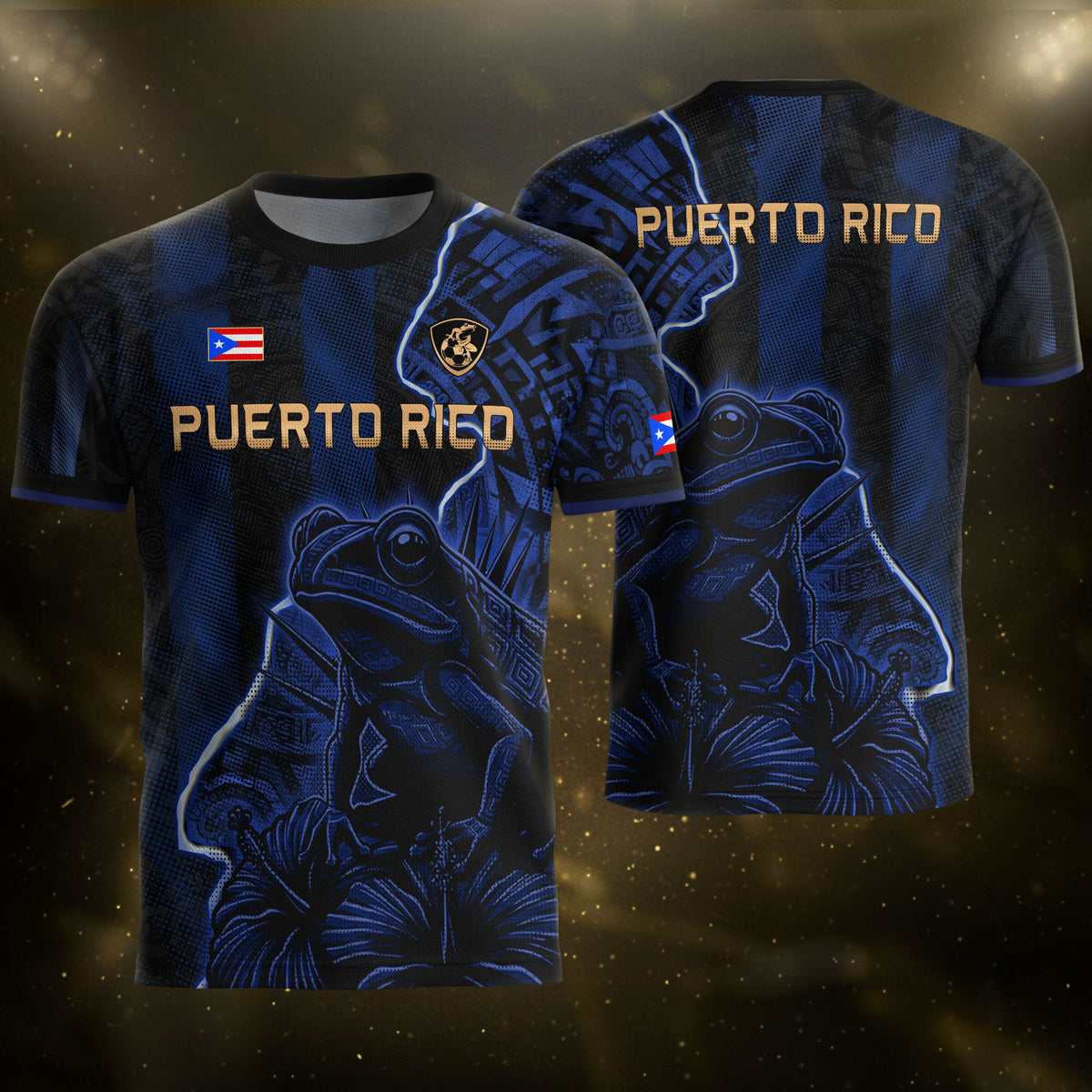 Camiseta de fútbol con máscara taína boricua azul marino de Puerto Rico, bandera tribal, orgullo nacional