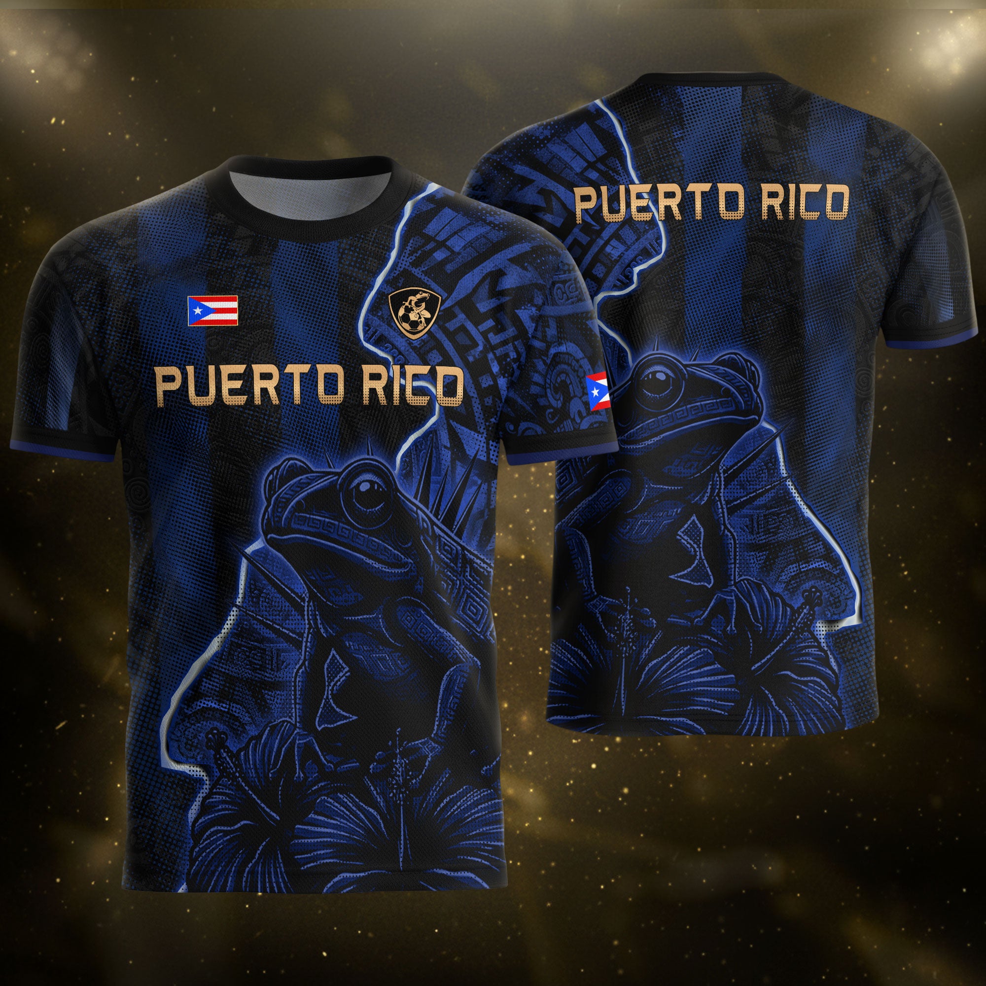 Camiseta de fútbol con máscara taína boricua azul marino de Puerto Rico, bandera tribal, orgullo nacional