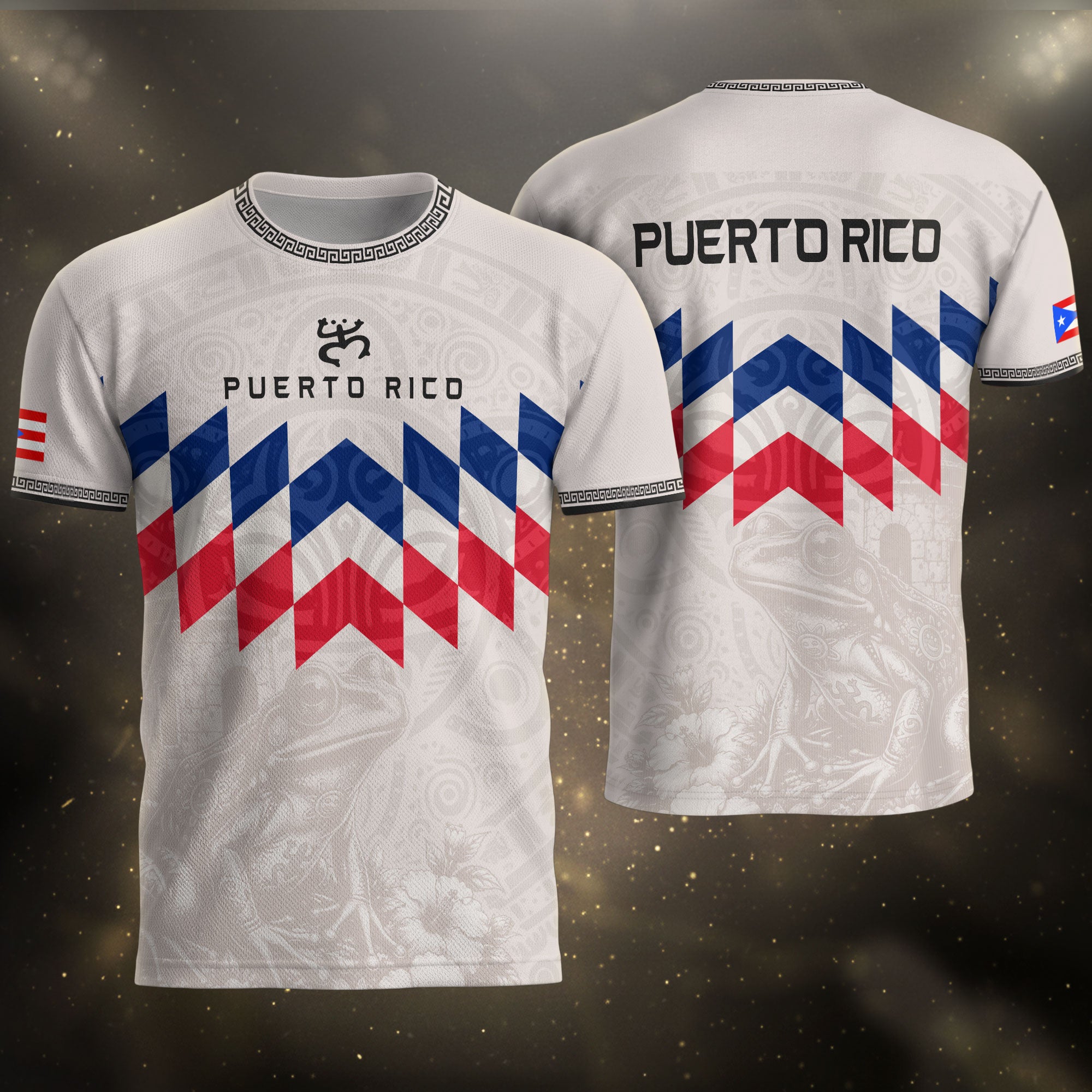Puerto Rico Soccer Jersey Beige Red Blue Geometric Coqui Tribal Pride Apparel