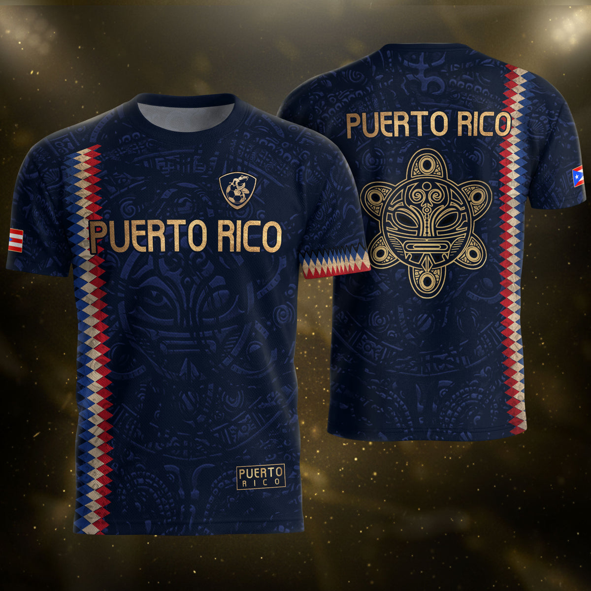 Camiseta de fútbol con máscara taína boricua azul marino de Puerto Rico, bandera tribal, orgullo nacional