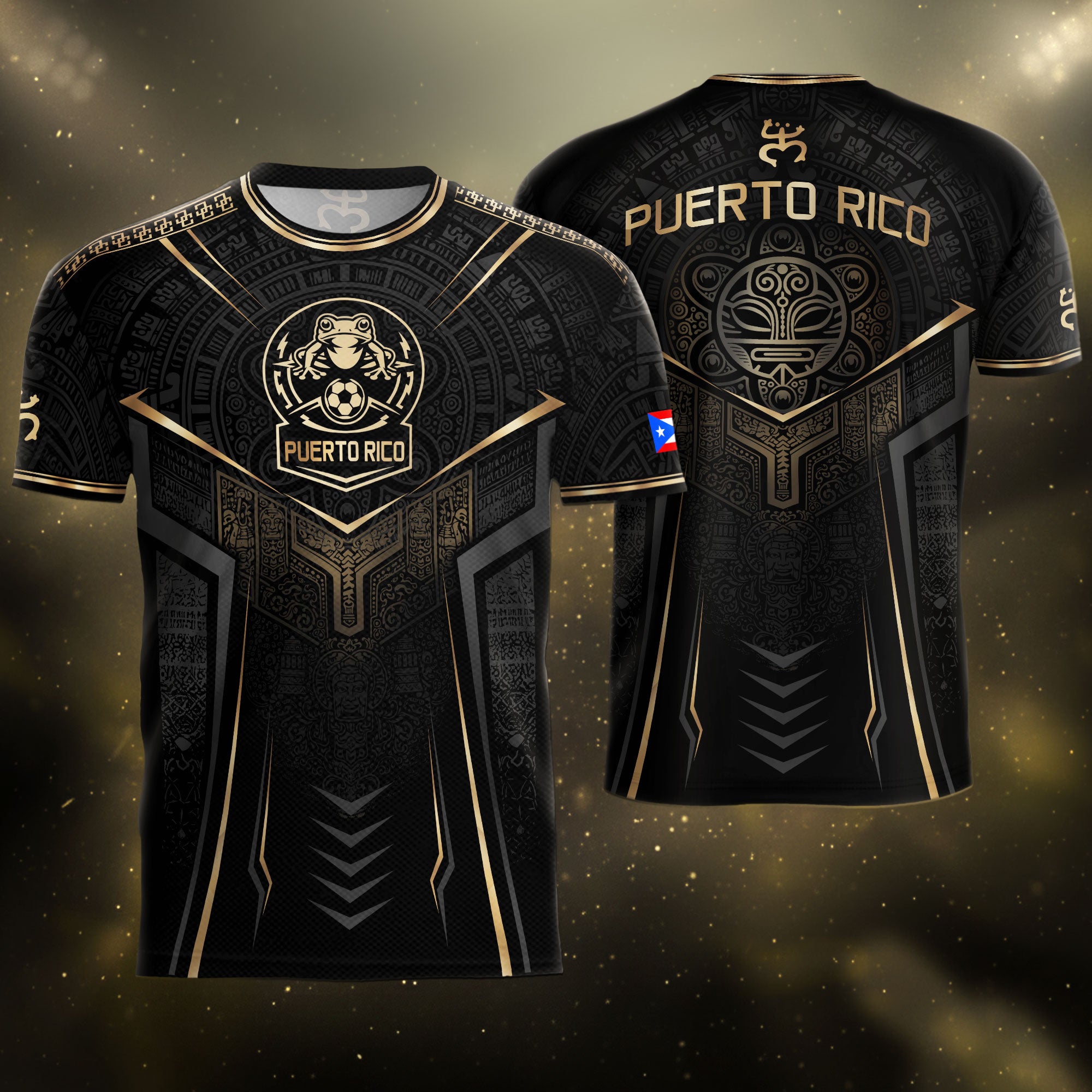 Black Puerto Rico Soccer Jersey Gold Coquí Frog Crest - Taino Sun Tribal Football Shirt