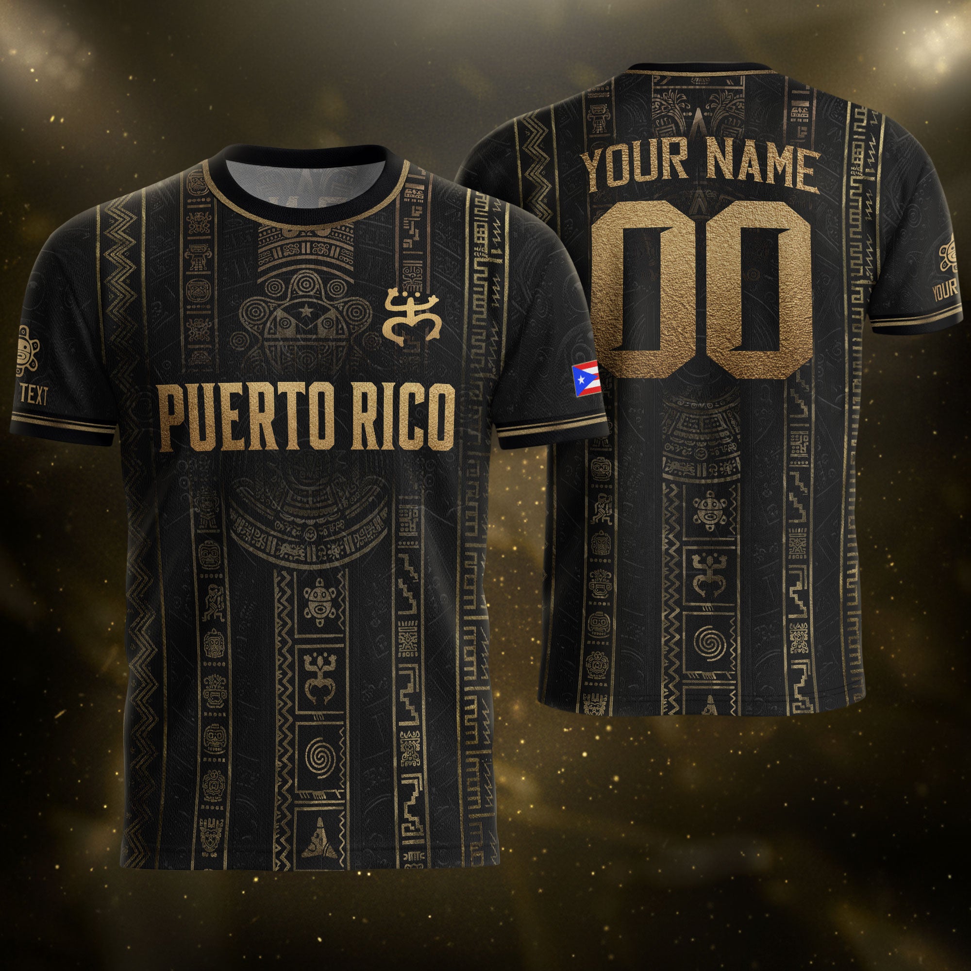 Puerto Rico Soccer Jersey Taino Petroglyph Black Gold Personalized Football Shirt