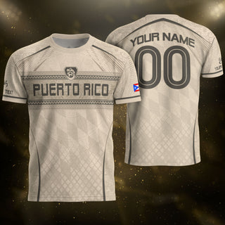 Custom Puerto Rico Soccer Jersey, Beige Charcoal Taino Pattern, Puerto Rico Shirt for Men and Women as a Personalized Football Jersey, Northryn Co.