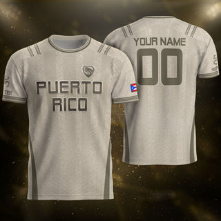 Custom Puerto Rico Soccer Jersey, Beige Grey Taino Tribal Print, Puerto Rico Shirt for Men and Women as a Personalized Football Jersey, Northryn Co.