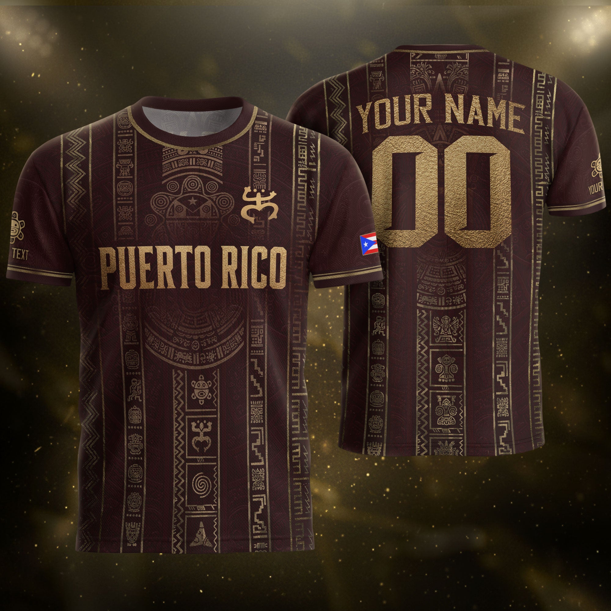 Personalized Puerto Rico Soccer Jersey Maroon Gold Taino Petroglyph Football Shirt