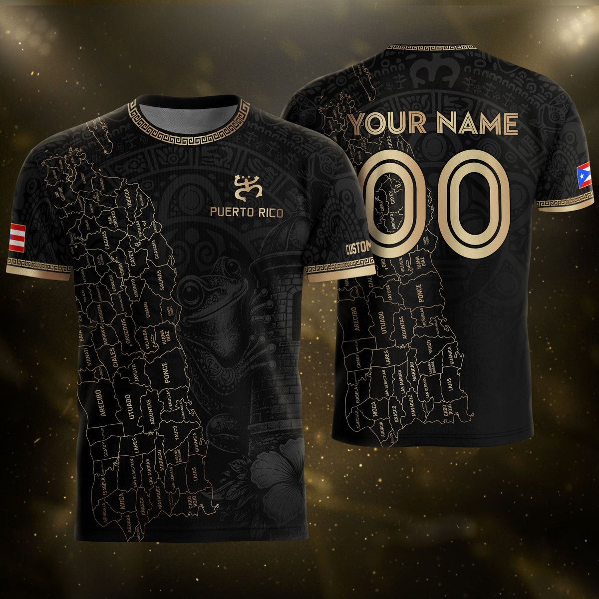 Custom Puerto Rico Soccer Jersey Black Gold Towns Map Coqui Frog Men Women Gift