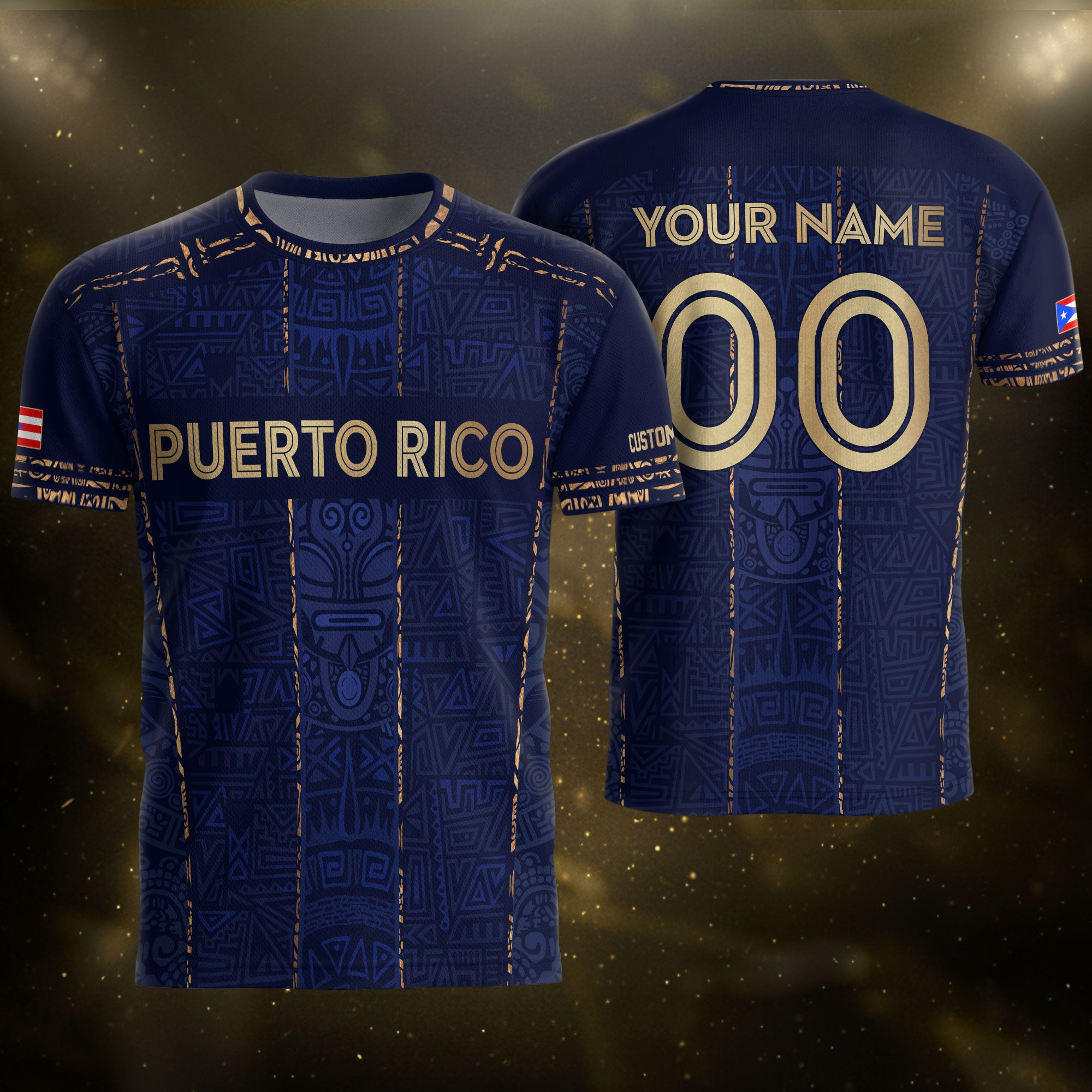 Custom Puerto Rico Soccer Jersey Navy Gold Taino Symbols Boricua Pride