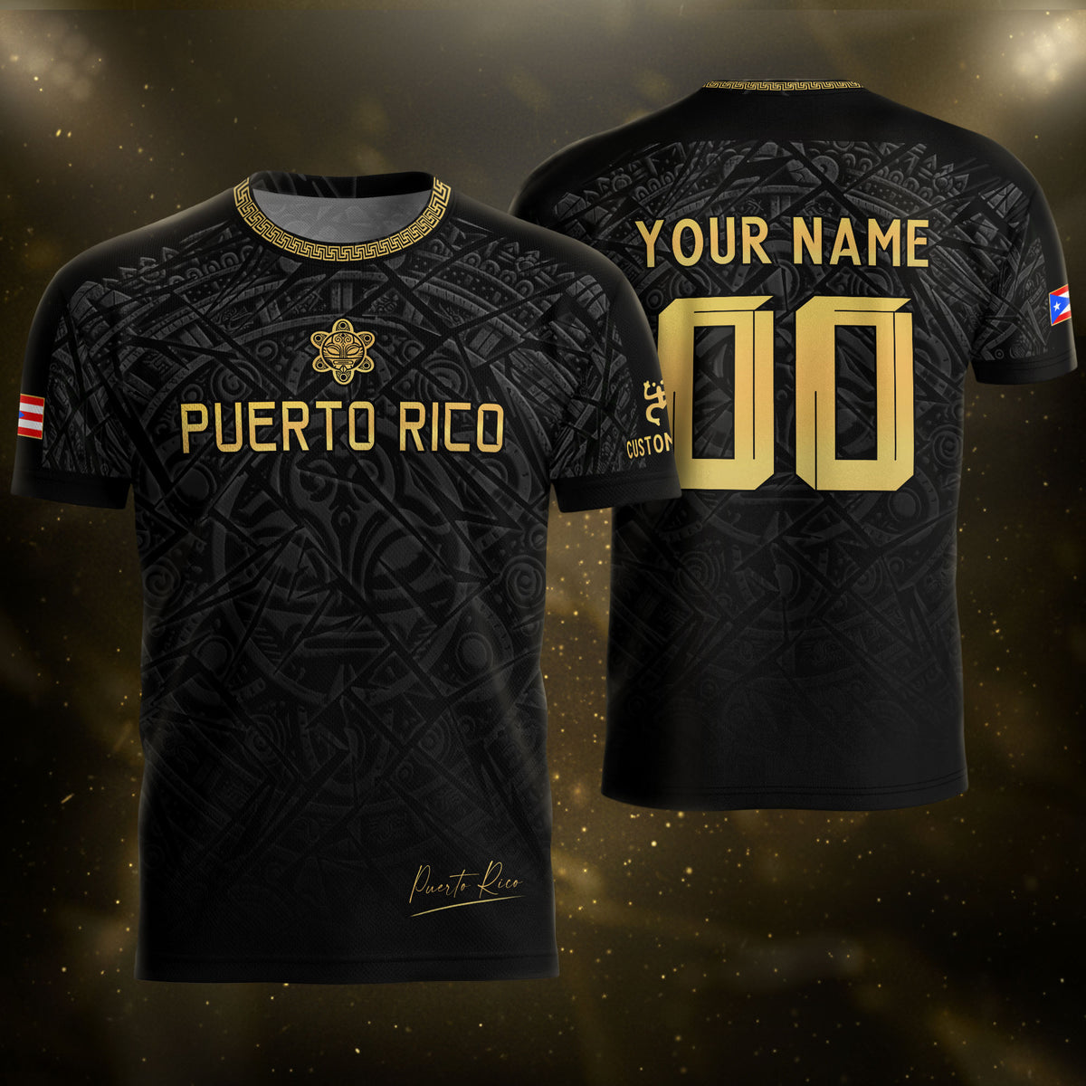 Custom Name Puerto Rico Jersey Black Gold Taino Symbols Boricua Sportswear