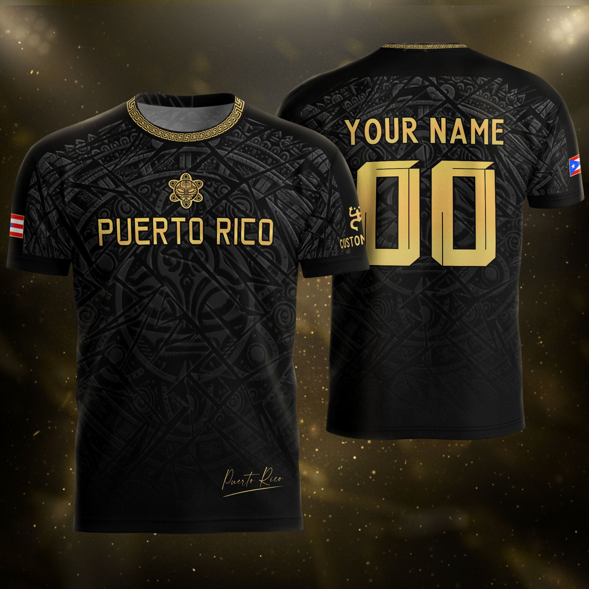 Custom Name Puerto Rico Jersey Black Gold Taino Symbols Boricua Sportswear