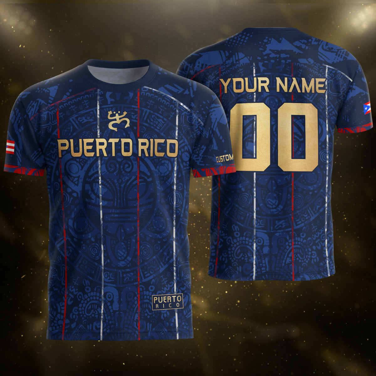 Puerto Rico Custom Soccer Jersey Navy Blue Gold Text Coqui Frog Boricua Pride Gif