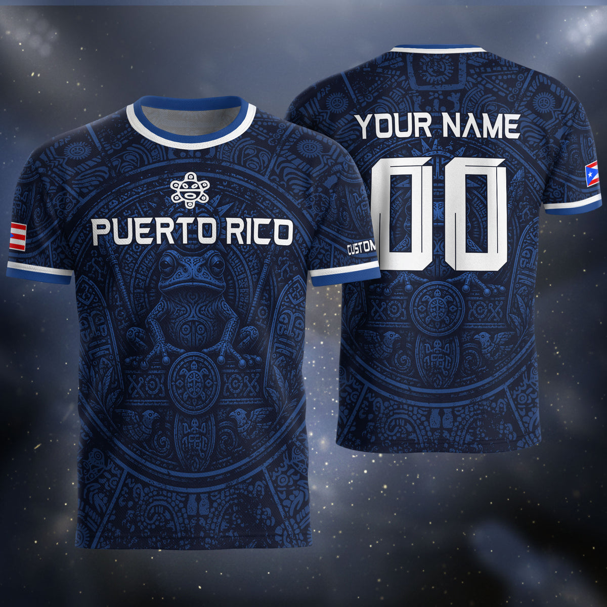 Personalized Puerto Rico Soccer Jersey Navy Blue with Taino Coqui Frog Design