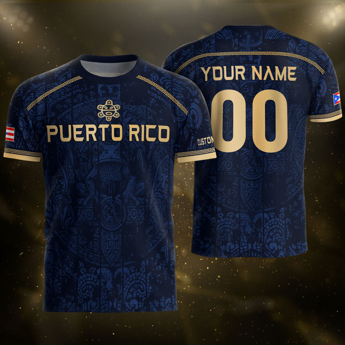 Personalized Name Puerto Rico Soccer Jersey Navy Blue Taino Gold Design Boricua Pride