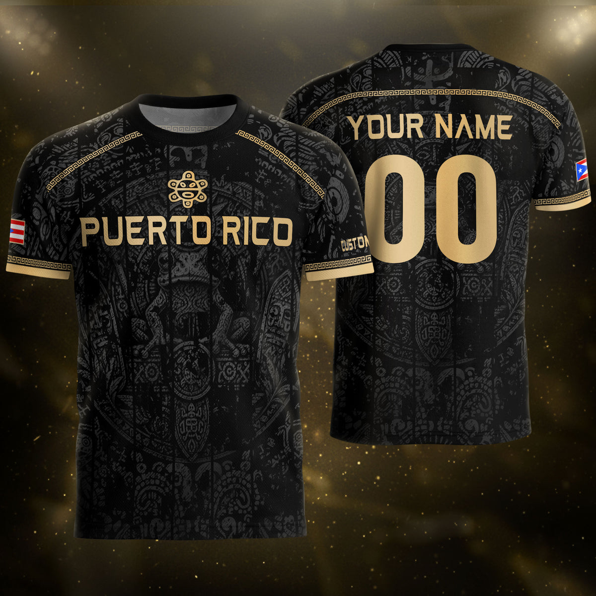 Personalized Name Black Puerto Rico Soccer Jersey Taino Gold Design Boricua Pride
