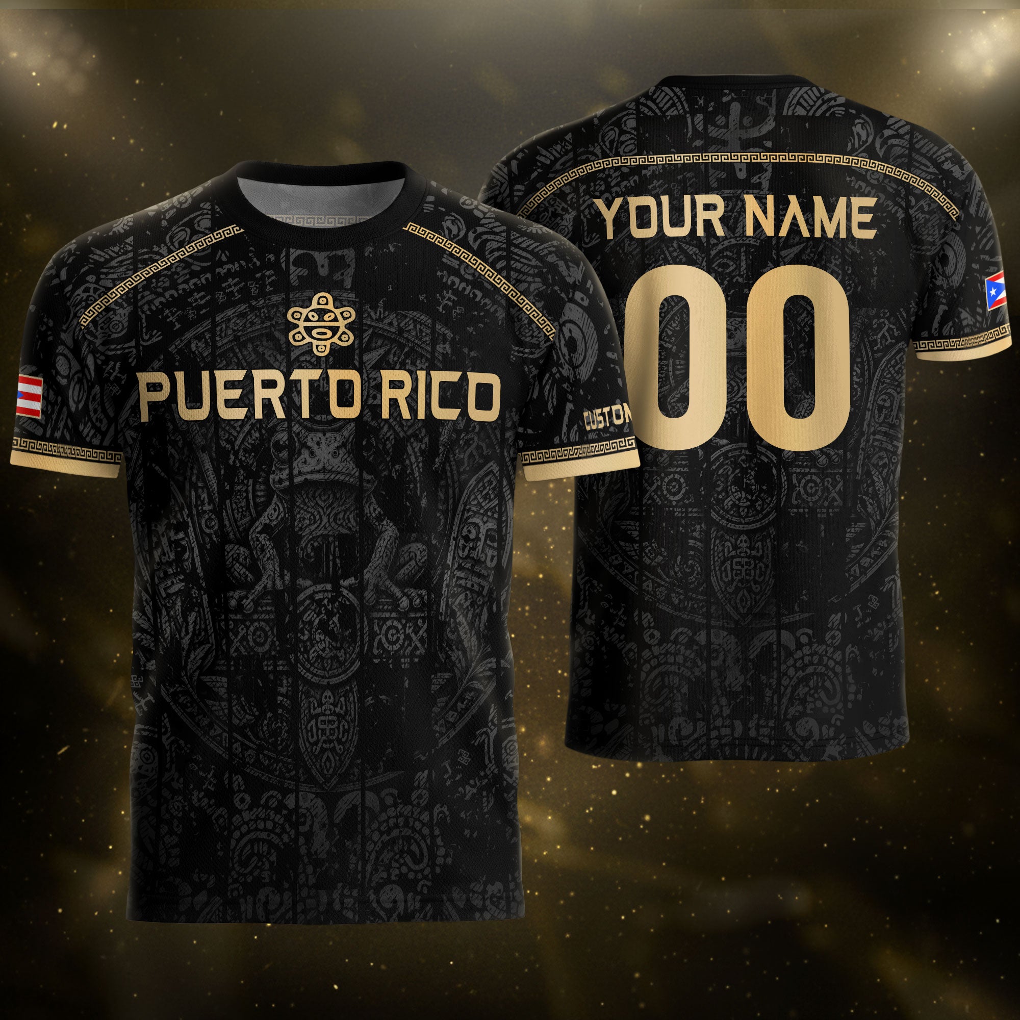 Personalized Name Black Puerto Rico Soccer Jersey Taino Gold Design Boricua Pride