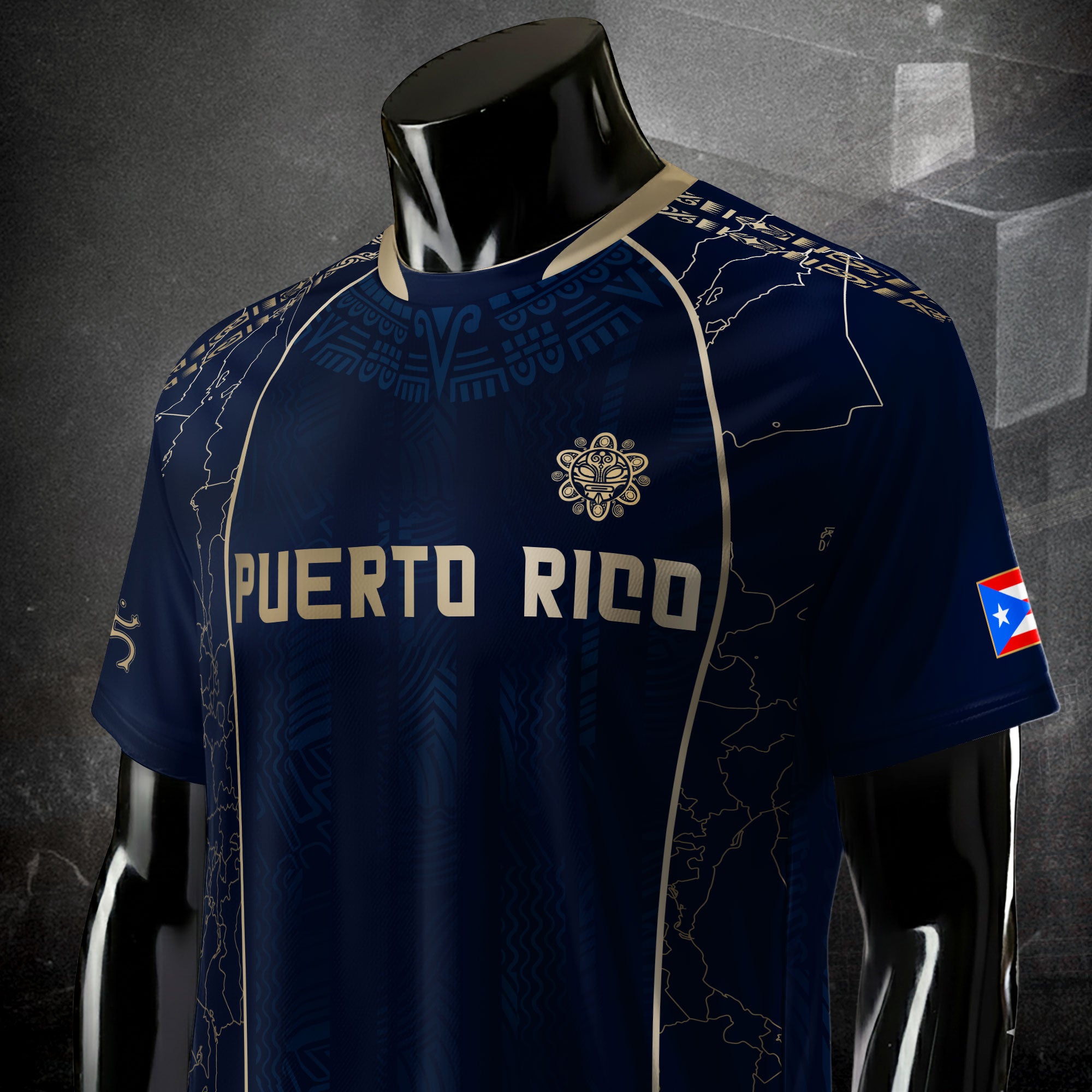 Puerto Rico Navy Gold Outline Map Taino Sun National Heritage Boricua Soccer Jersey