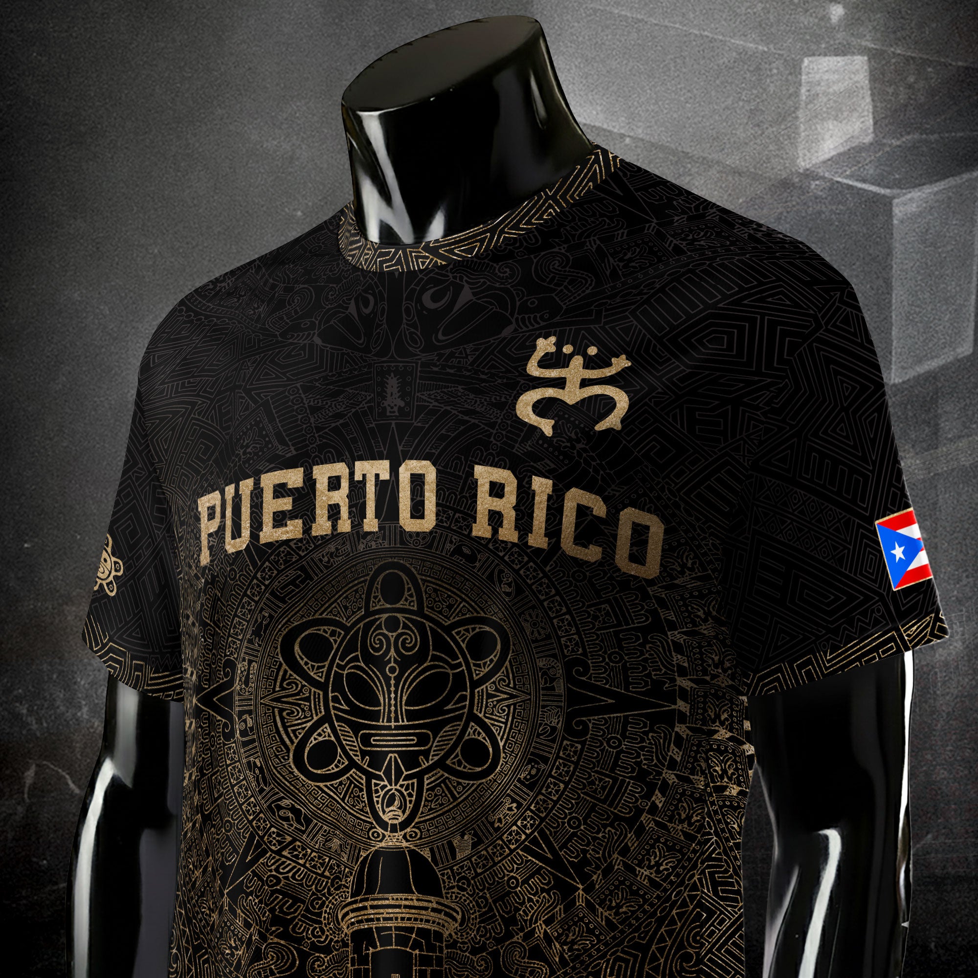 Puerto Rico Black Gold Coqui Frog Garita Taino Sun National Heritage Soccer Jersey