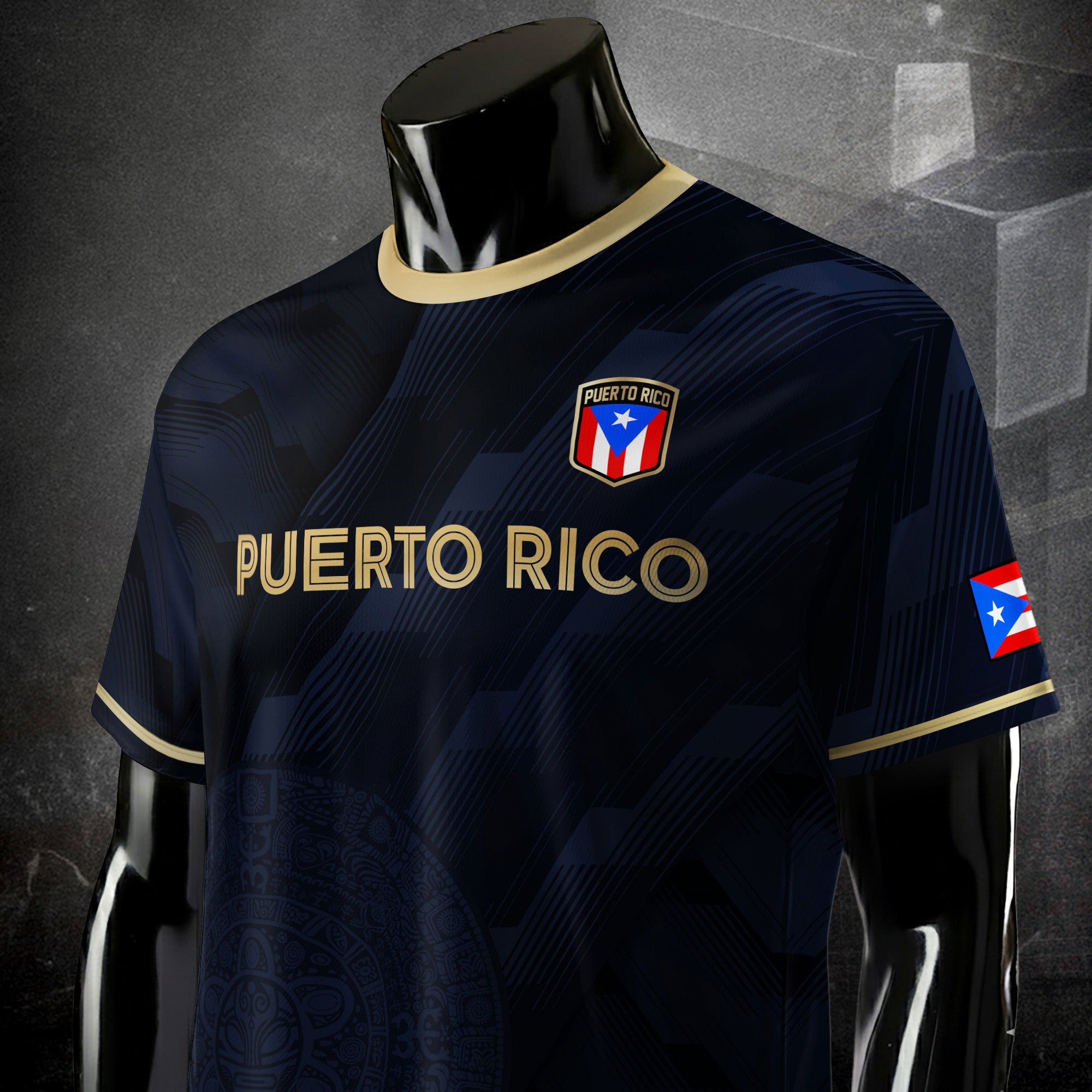 Camiseta de fútbol del orgullo nacional boricua del sol taíno dorado de la marina de Puerto Rico