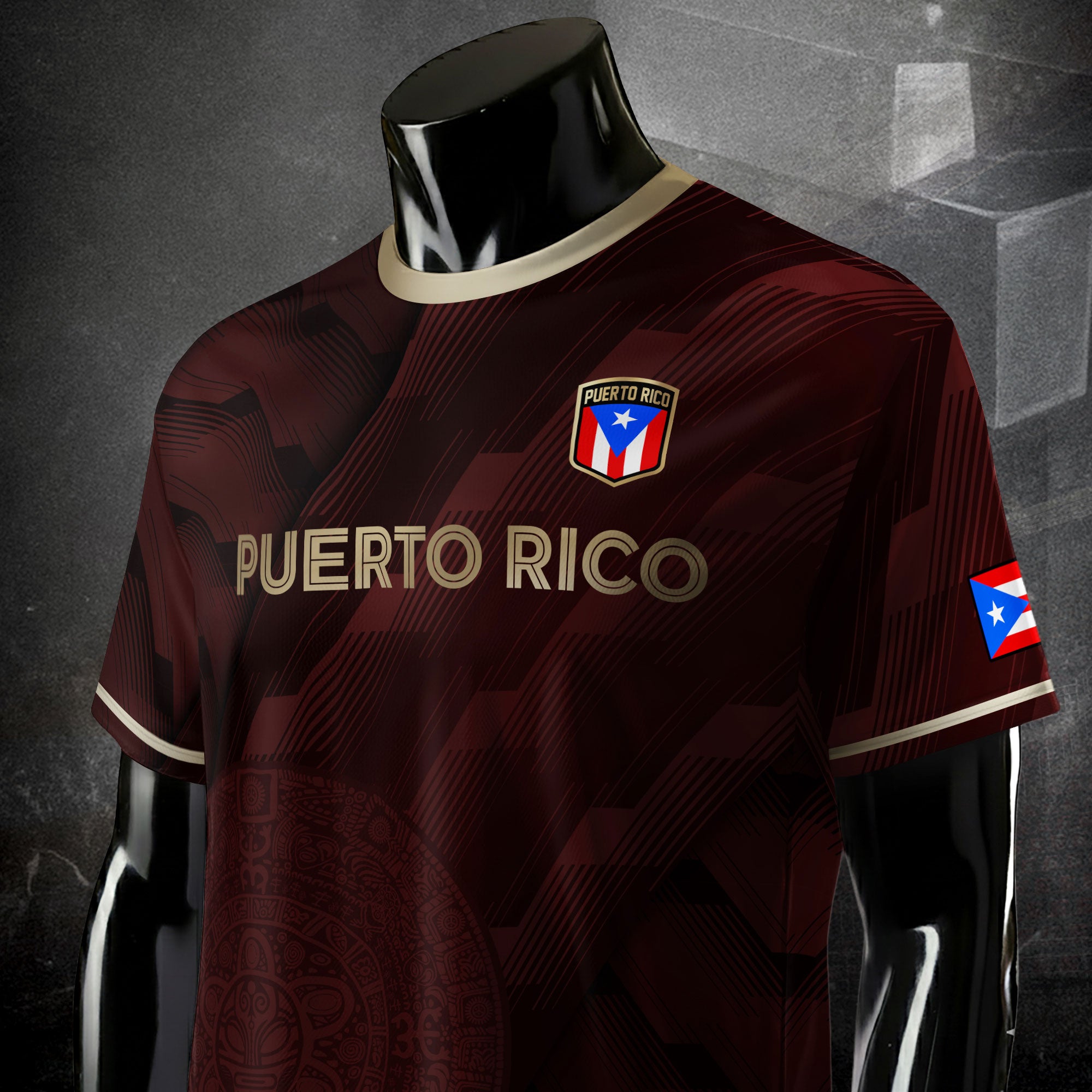 Camiseta de fútbol boricua del Patrimonio Nacional del Arte Taíno con Símbolo Dorado Granate de Puerto Rico