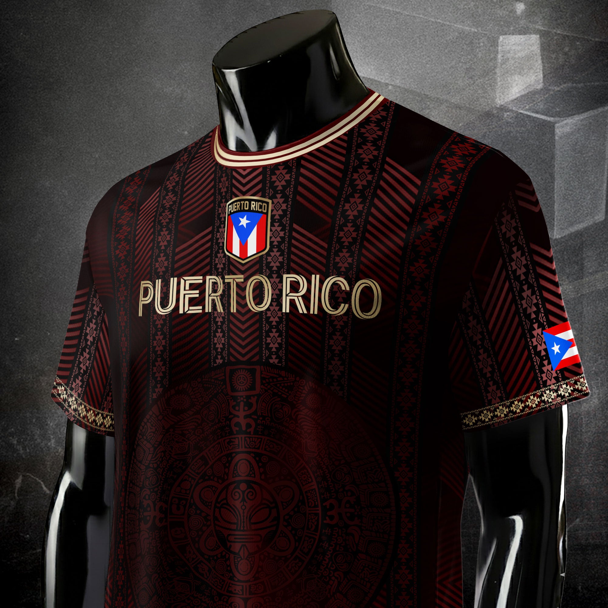 Puerto Rico Flag Maroon Gold Tribal Print National Heritage Sport Soccer Jersey
