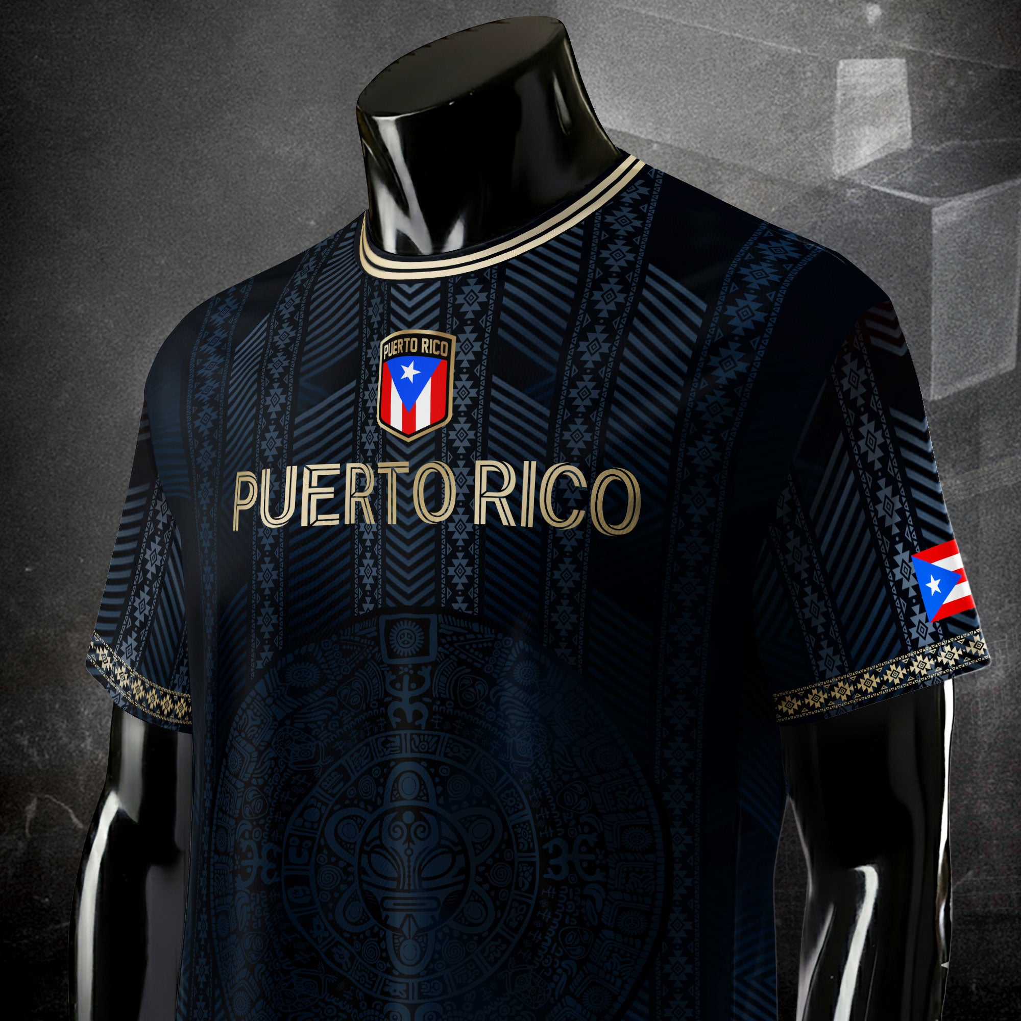 Camiseta de fútbol boricua de la herencia nacional tribal del sol taíno dorado de la marina de Puerto Rico