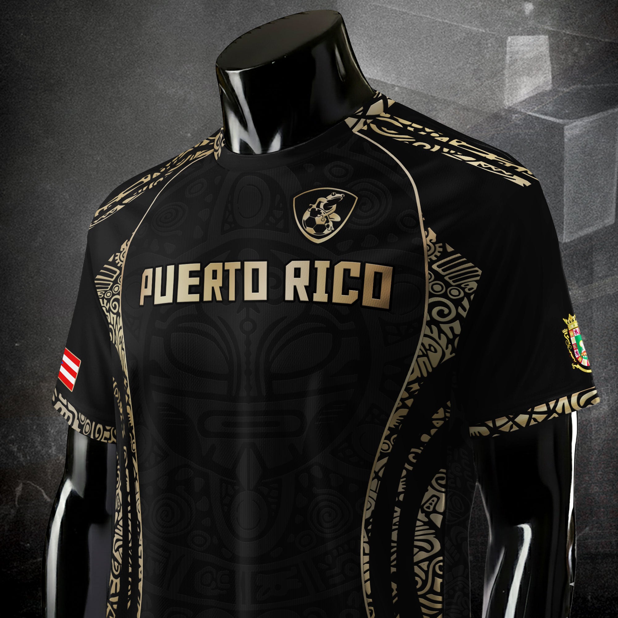 Camiseta de fútbol Puerto Rico Black Gold Boricua Taino Sun Mask Tribal National Pride Heritage