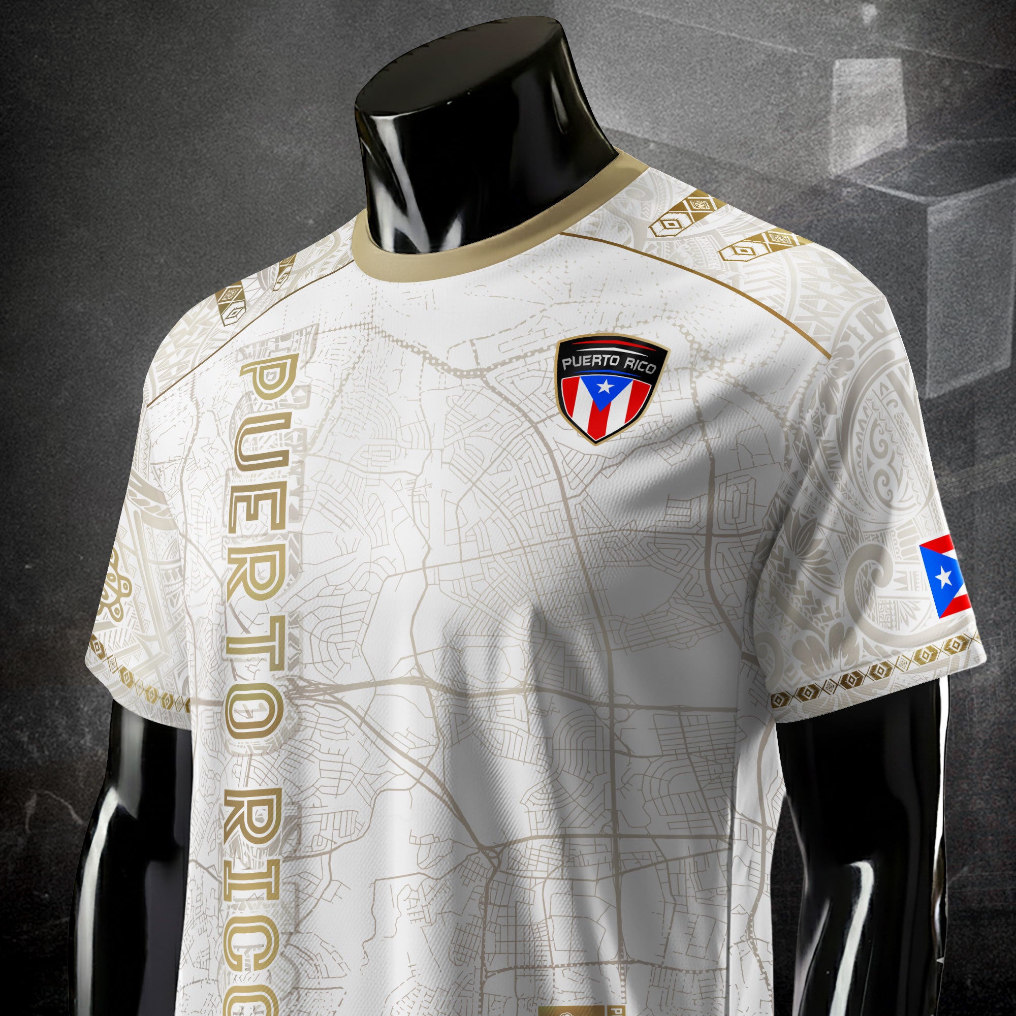 Camiseta de fútbol boricua del Patrimonio Nacional del Sol Taino con mapa de calles de Puerto Rico en oro blanco
