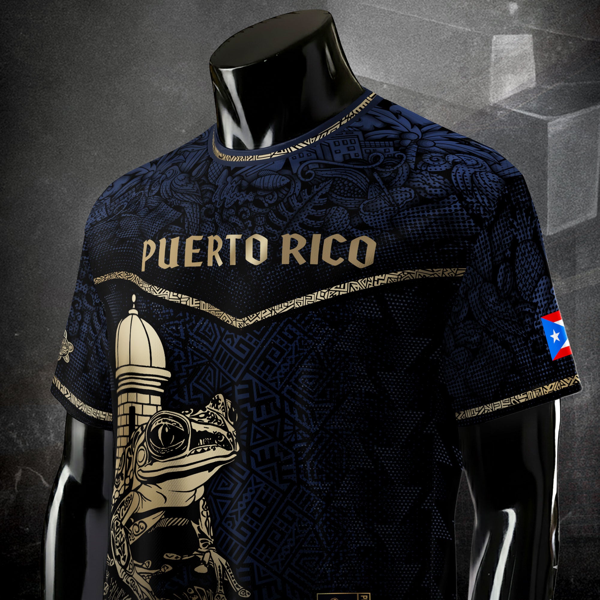 Puerto Rico Navy Gold Coqui Frog Garita Taino Sun National Heritage Camiseta de fútbol