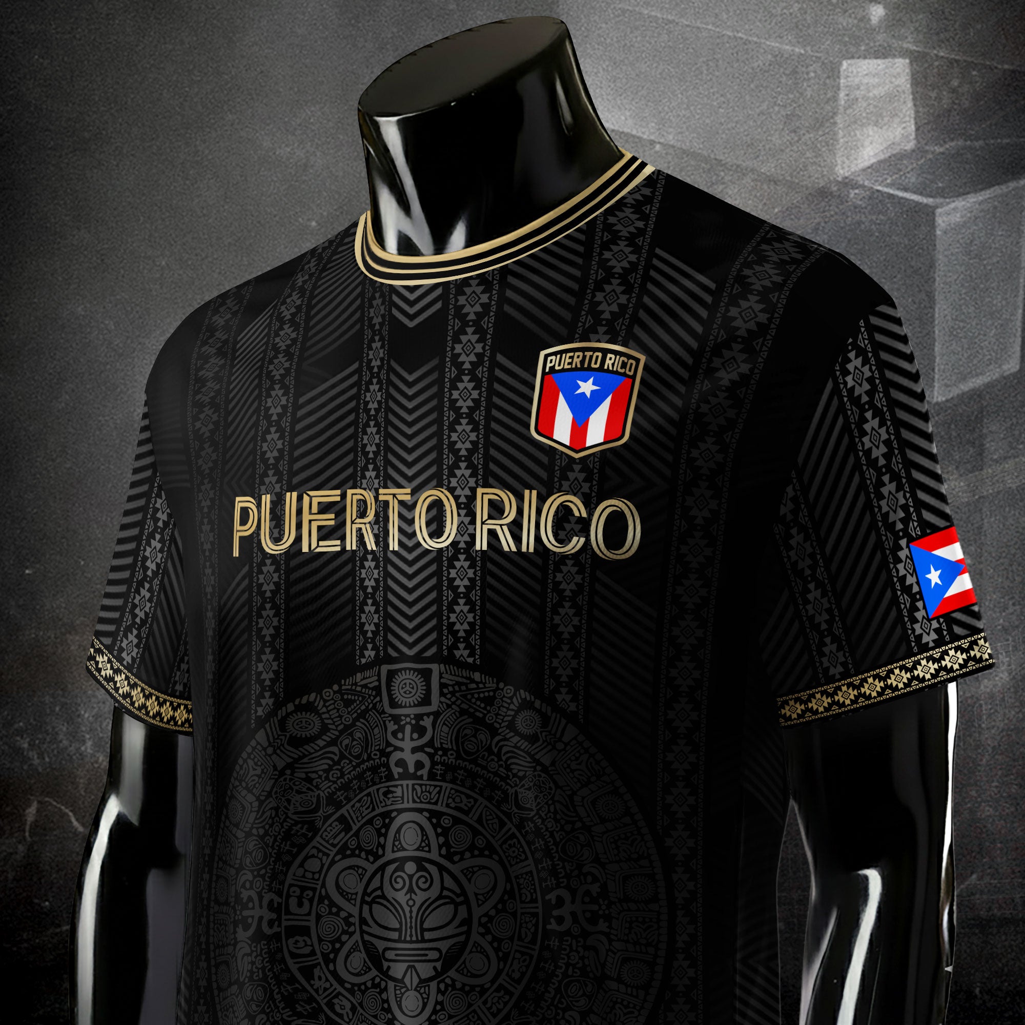 Puerto Rico Flag Boricua Taino Tribal Patterns Gold Black Pride Football Soccer Jersey
