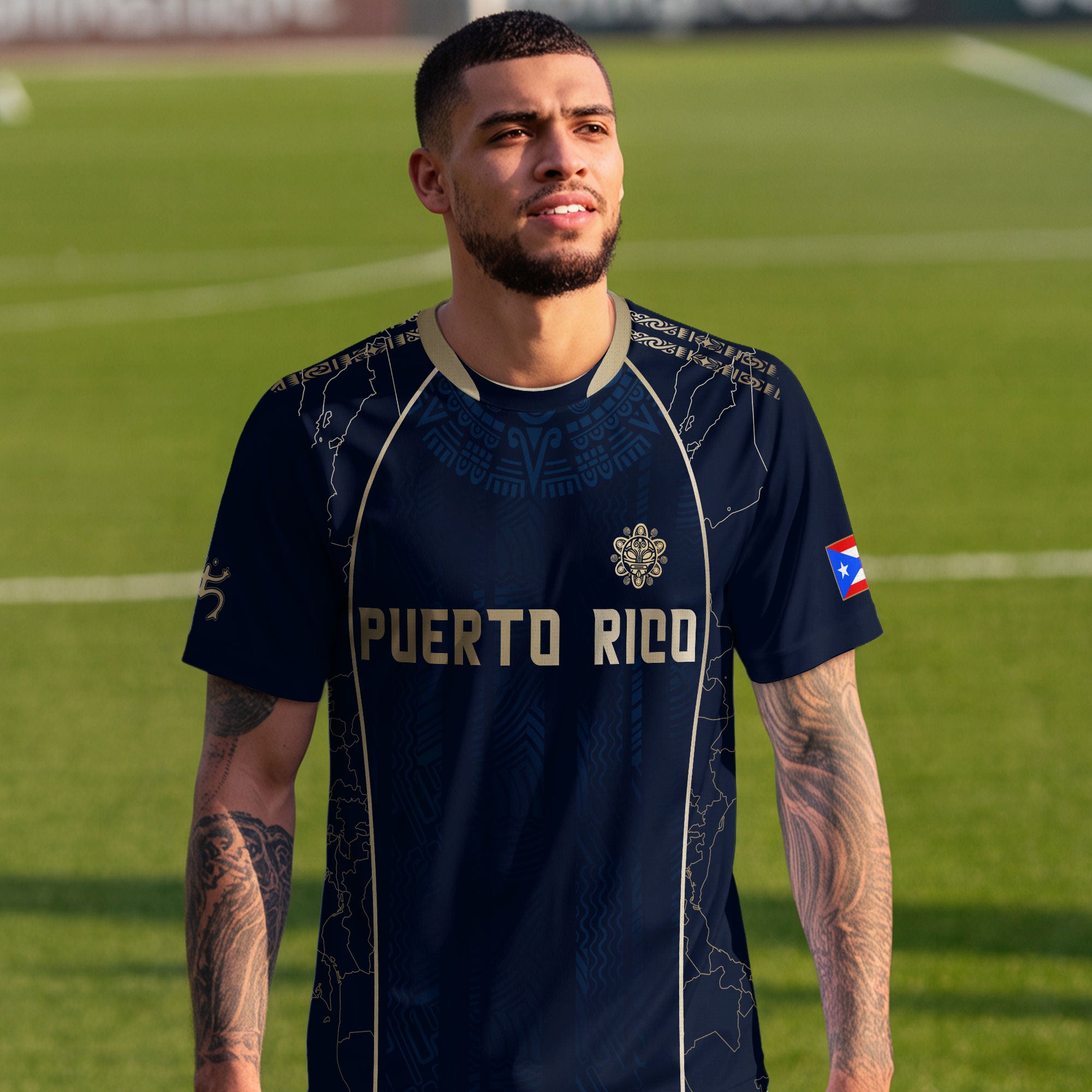 Puerto Rico Navy Gold Outline Map Taino Sun National Heritage Boricua Soccer Jersey