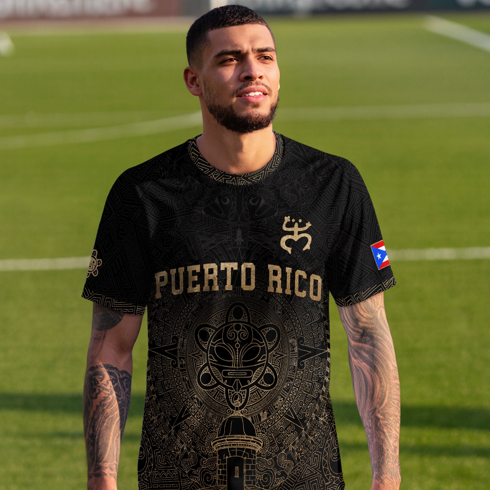 Puerto Rico Black Gold Coqui Frog Garita Taino Sun National Heritage Soccer Jersey