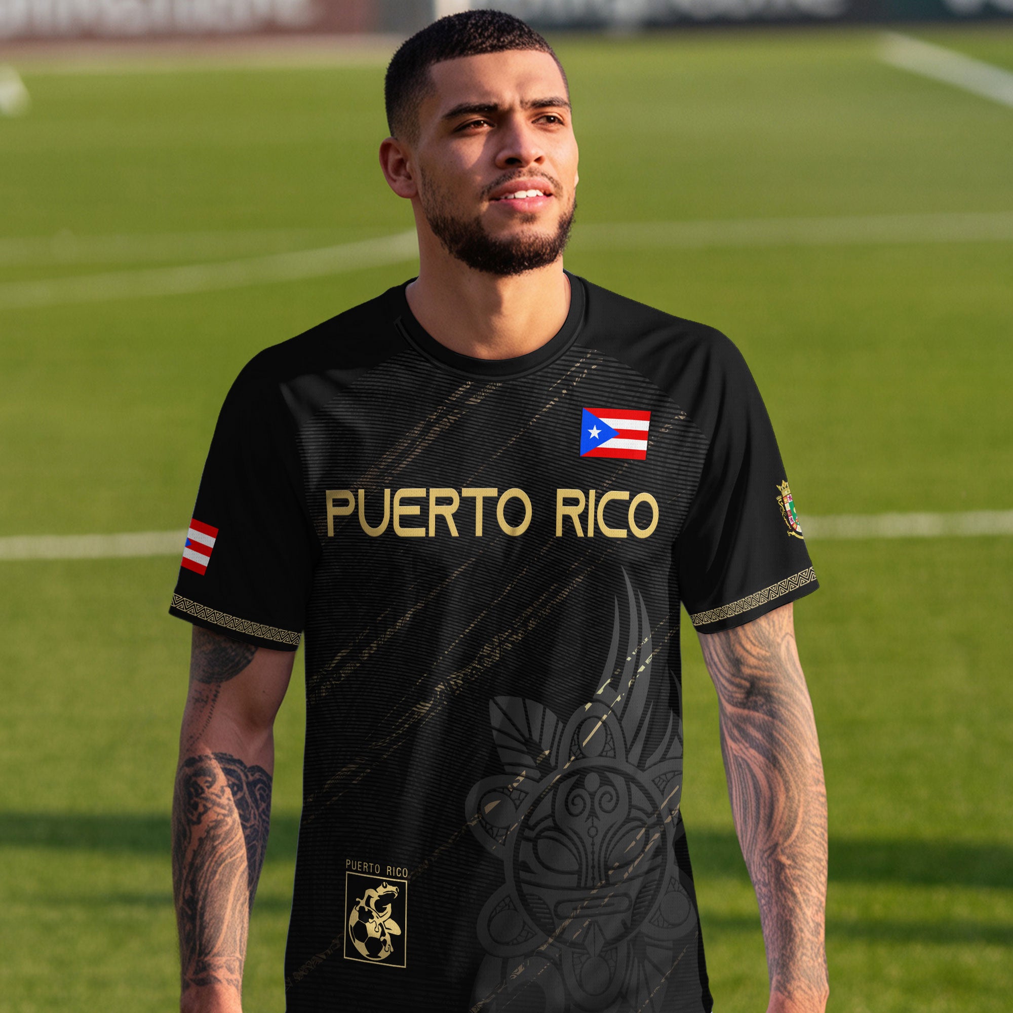 Puerto Rico Black Gold Boricua Coqui Frog Tribal Taino National Pride Heritage Soccer Jersey