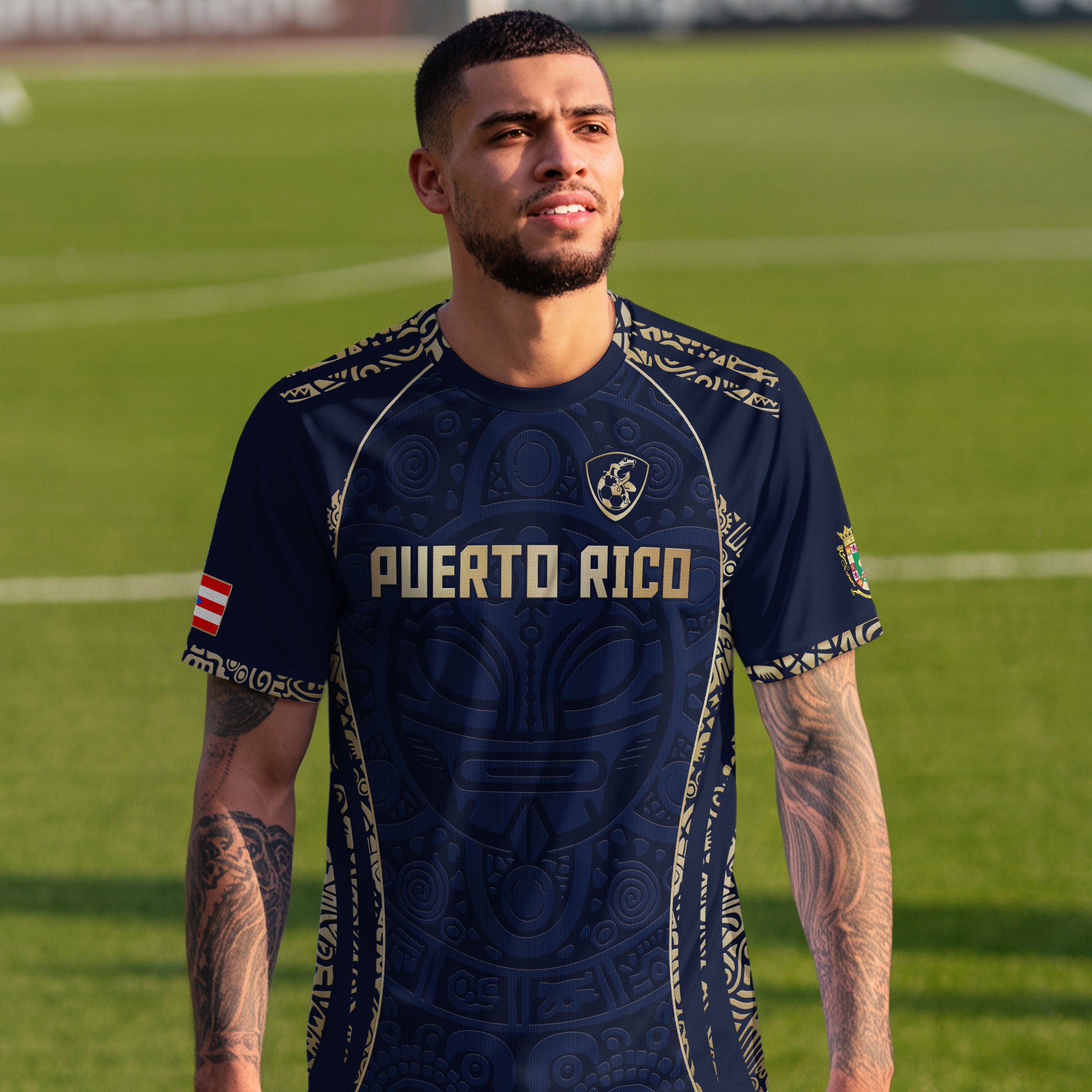 Puerto Rico Navy Blue Boricua Taino Mask Tribal Flag National Pride Heritage Soccer Jersey