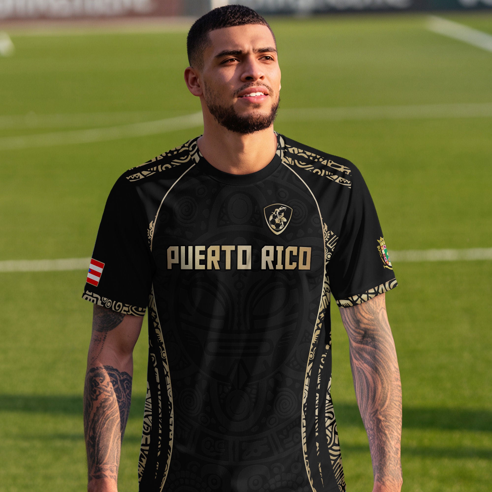 Camiseta de fútbol Puerto Rico Black Gold Boricua Taino Sun Mask Tribal National Pride Heritage