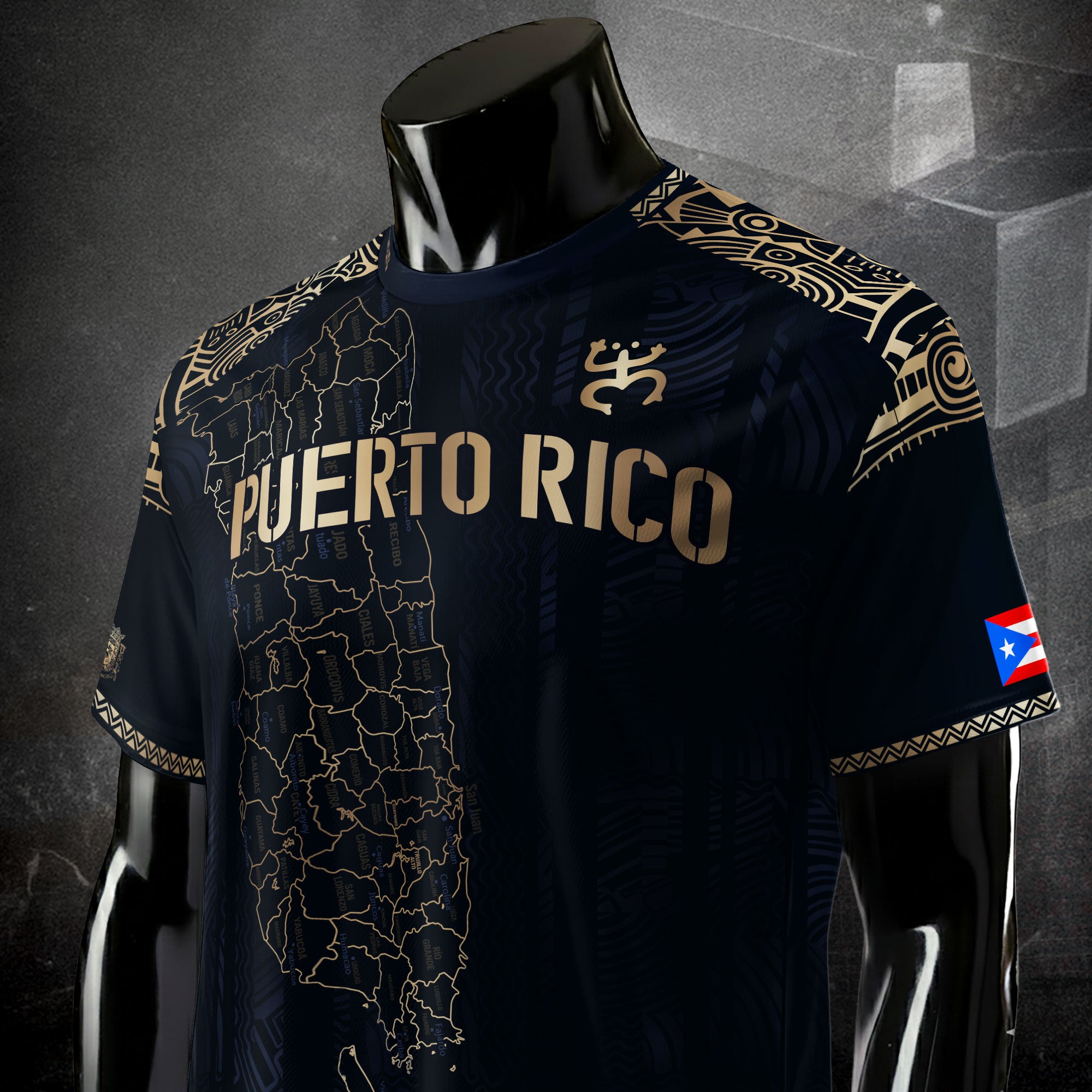 Camiseta de fútbol con máscara taína boricua azul marino de Puerto Rico, bandera tribal, orgullo nacional