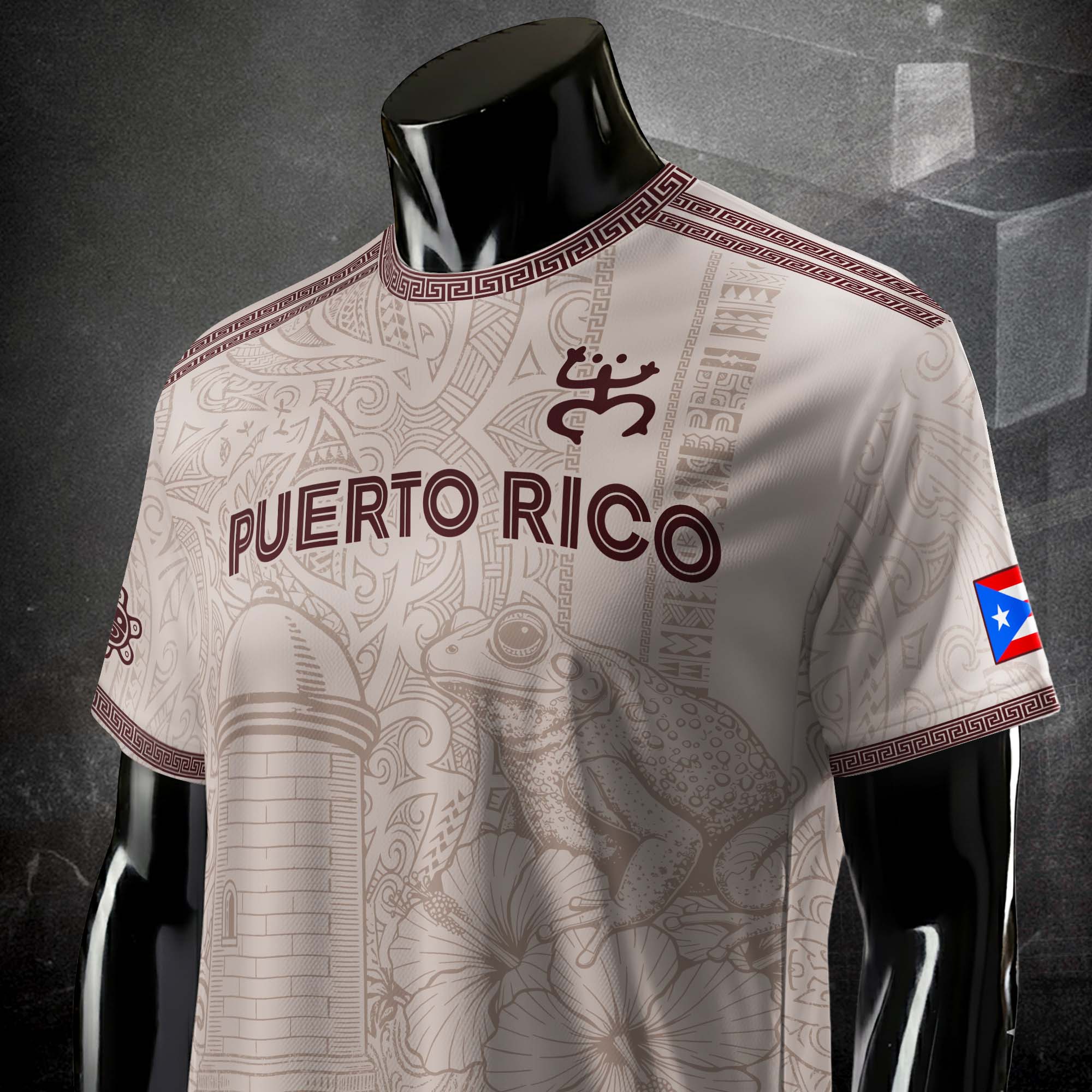 Camiseta de fútbol de Puerto Rico con símbolo tribal blanco burdeos y herencia nacional