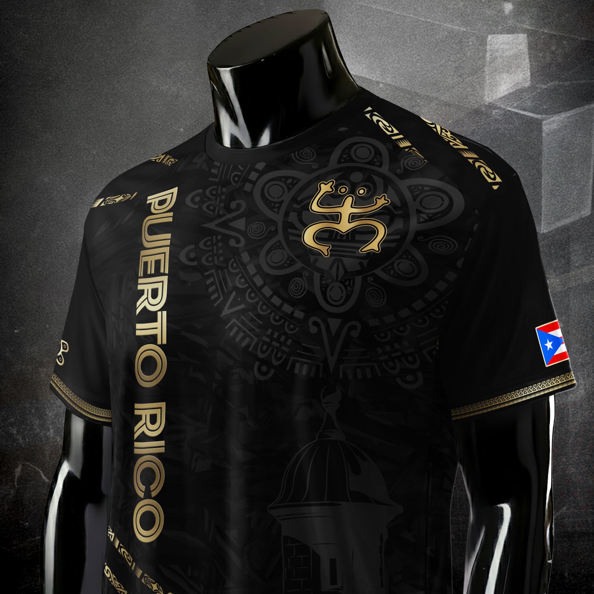 Camiseta de fútbol boricua de la herencia nacional del Sol Taino de la Rana Coquí Negra Dorada de Puerto Rico