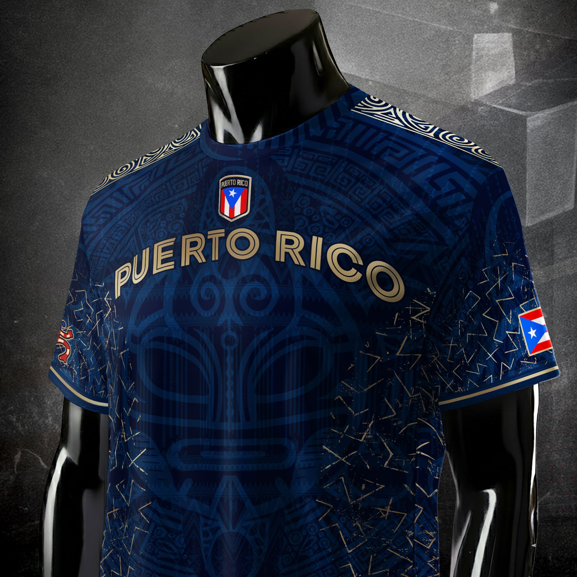 Camiseta de fútbol boricua de la herencia nacional con símbolo taíno azul real y dorado de Puerto Rico