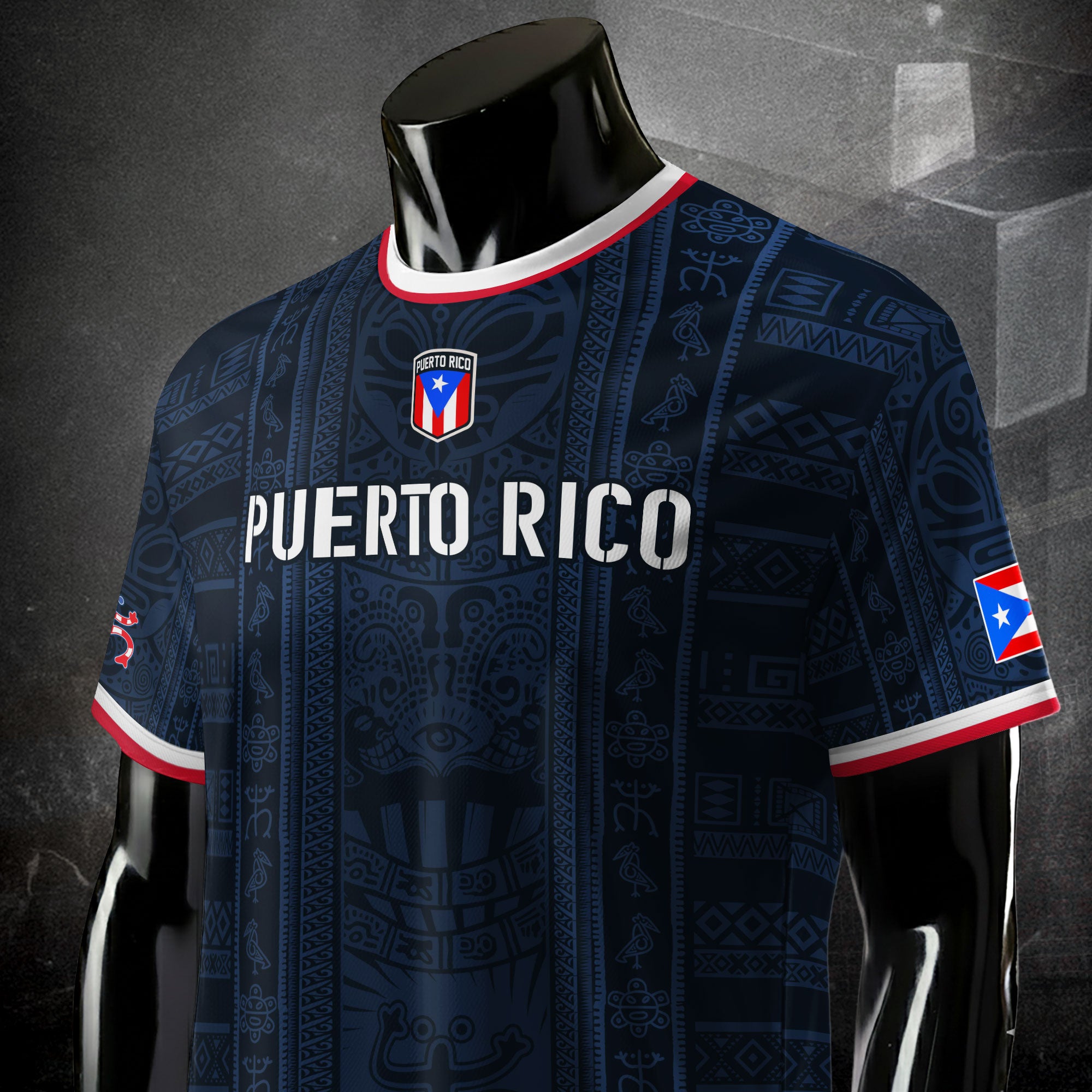 Camiseta de fútbol boricua de herencia nacional con patrón de símbolo taíno azul marino de Puerto Rico