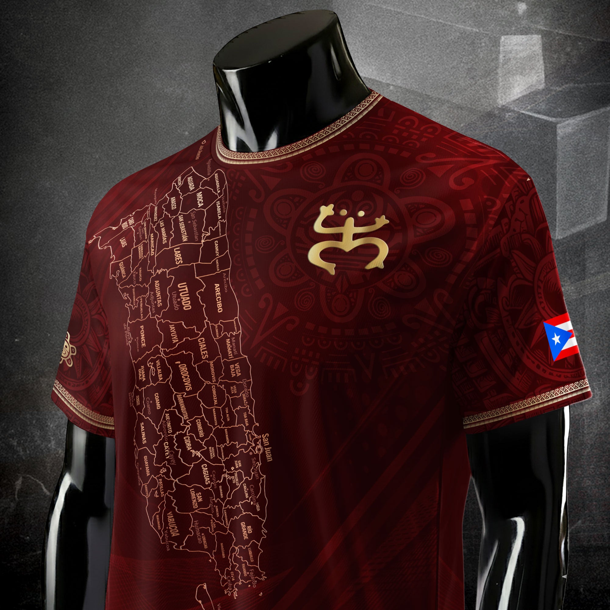 Camiseta de fútbol con máscara taína boricua azul marino de Puerto Rico, bandera tribal, orgullo nacional