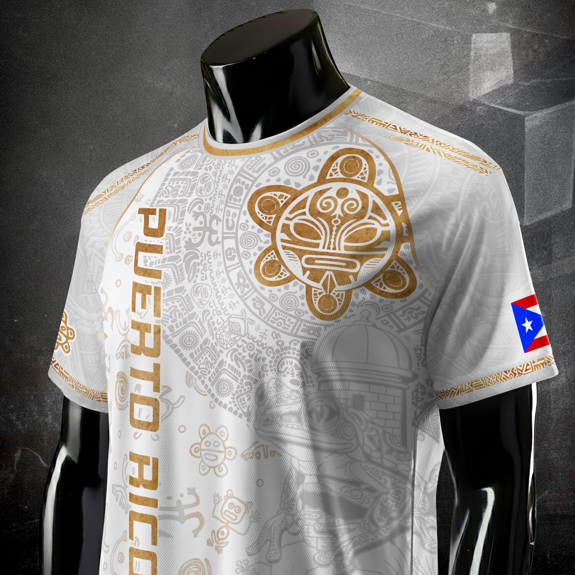 Camiseta de fútbol de la herencia nacional del sol taíno de Puerto Rico, rana coquí dorada blanca