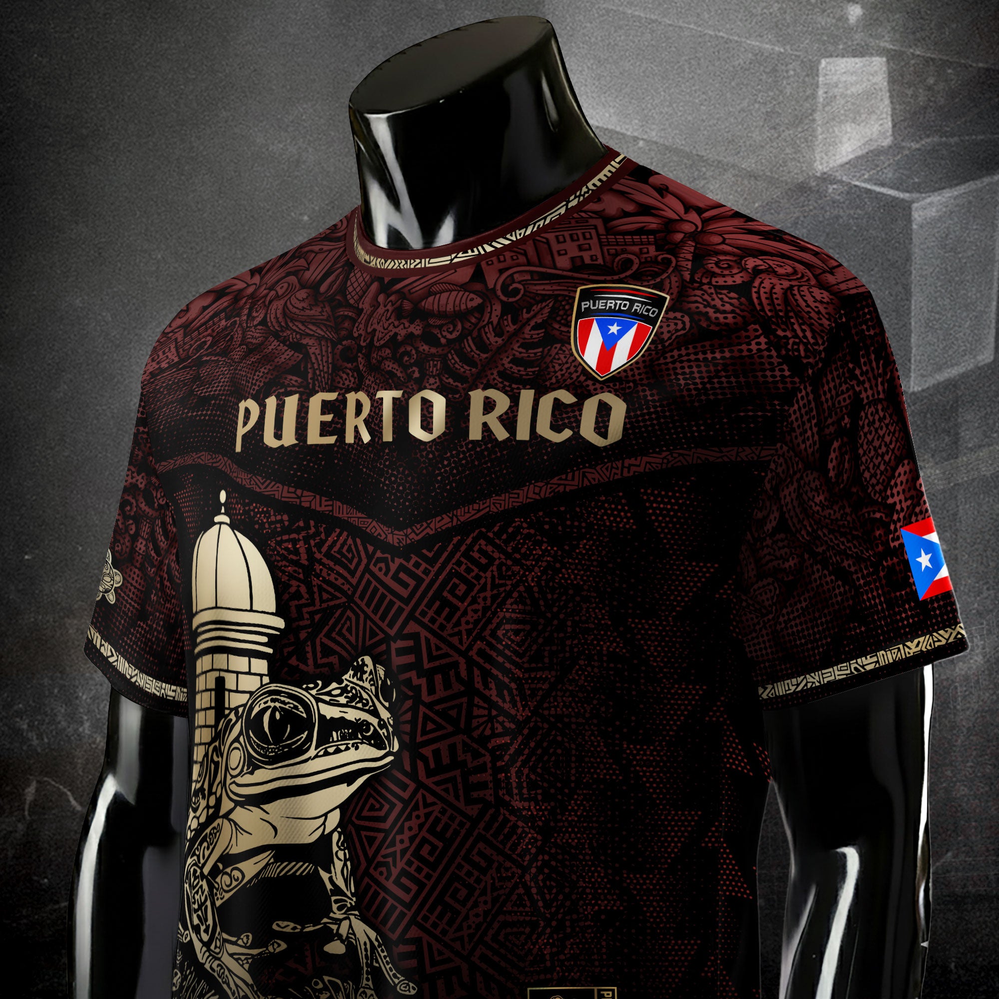 Puerto Rico Maroon Gold Coqui Frog Garita Taino Sun National Heritage Soccer Jersey