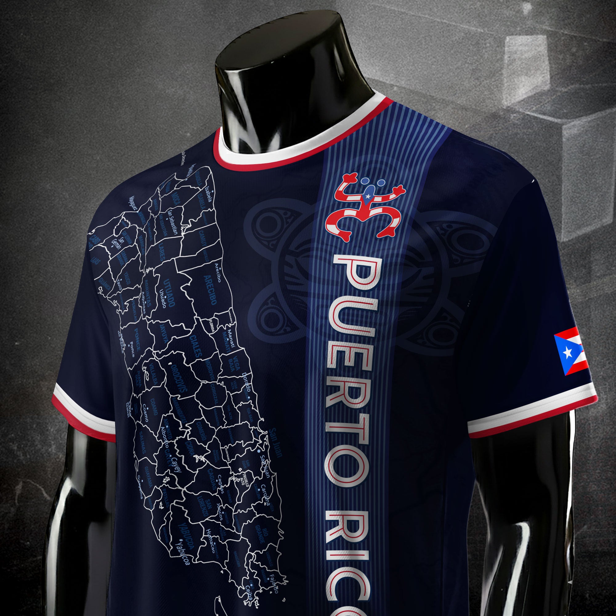 Puerto Rico Boricua Azul Marino Coqui Taino Tribal Mapa Orgullo Nacional Camiseta de Fútbol