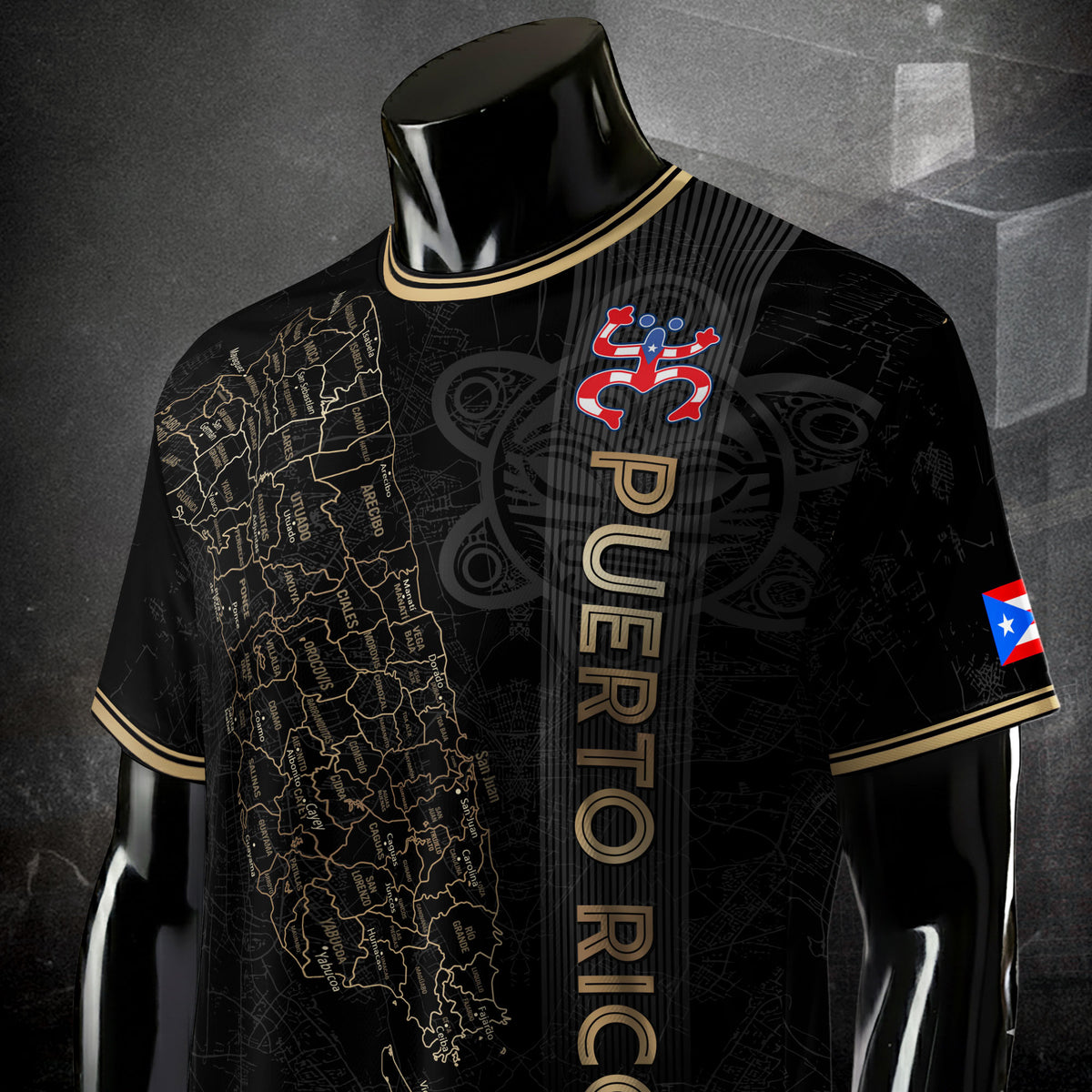 Puerto Rico Black Gold Boricua Taino Tribal Map Symbols National Soccer Jersey
