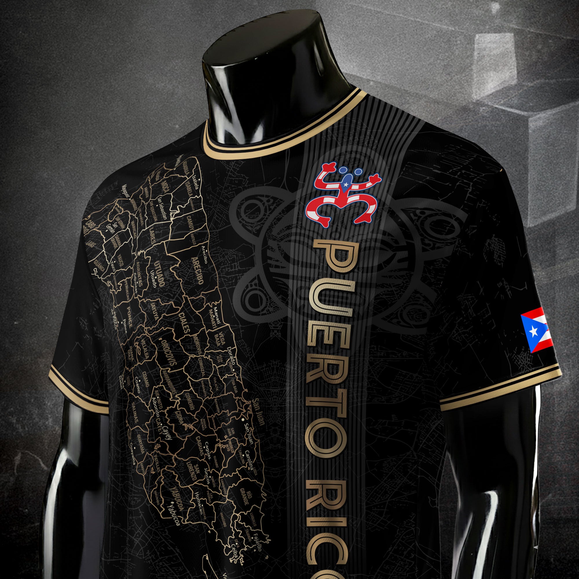 Camiseta nacional de fútbol con símbolos tribales boricuas y taínos de Puerto Rico en oro negro
