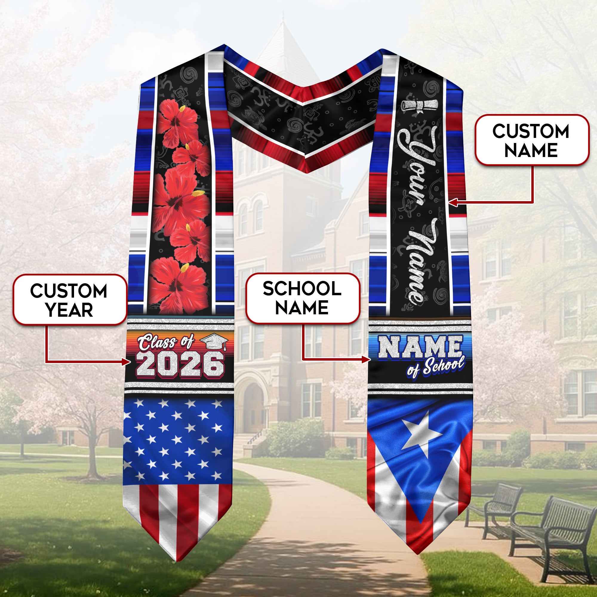 Personalized Puerto Rican Graduation Stole 2026 Custom Name USA Flag Boricua Sash