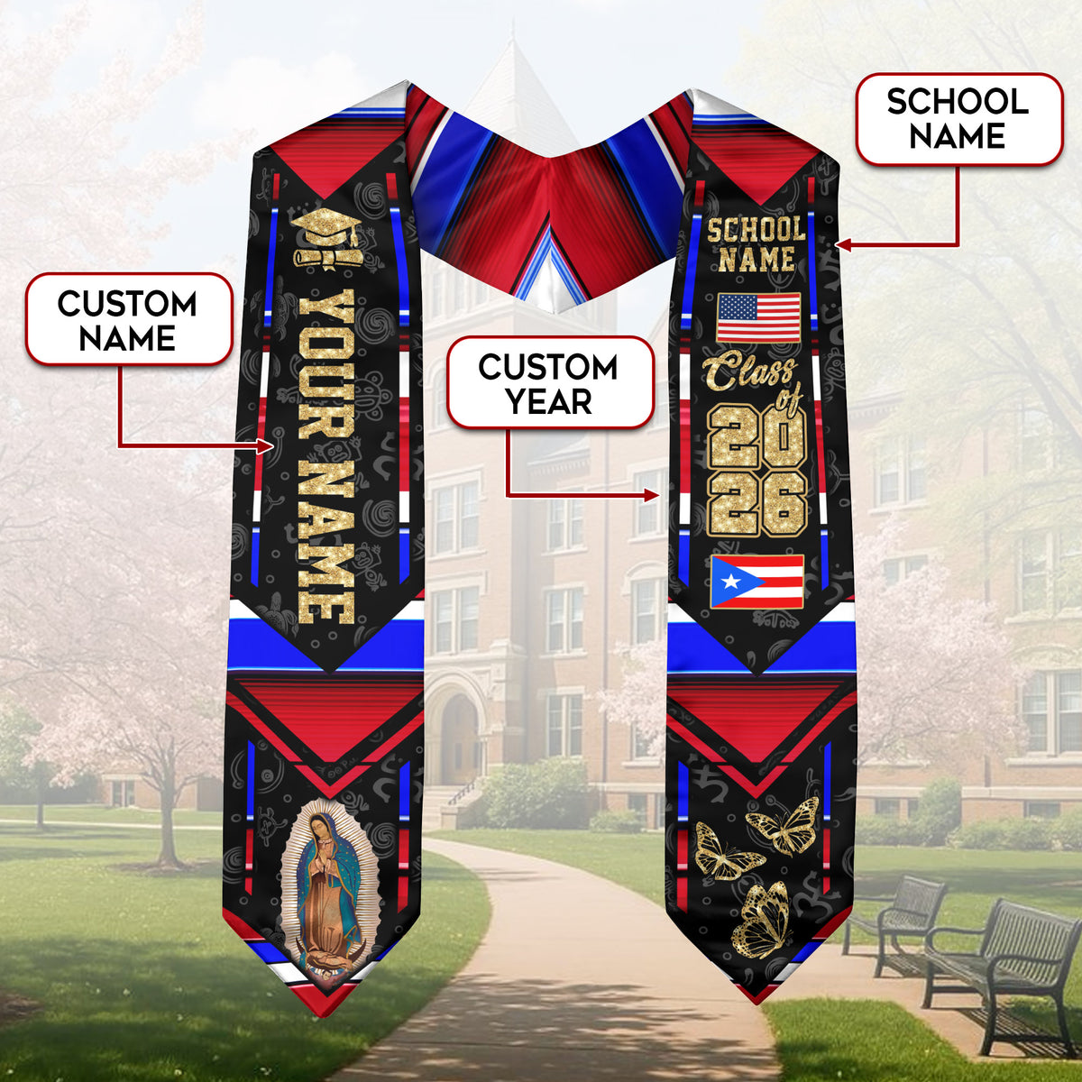 Puerto Rico Heritage Graduation Sash 2026 Virgin Mary Floral Hibiscus Custom Stole