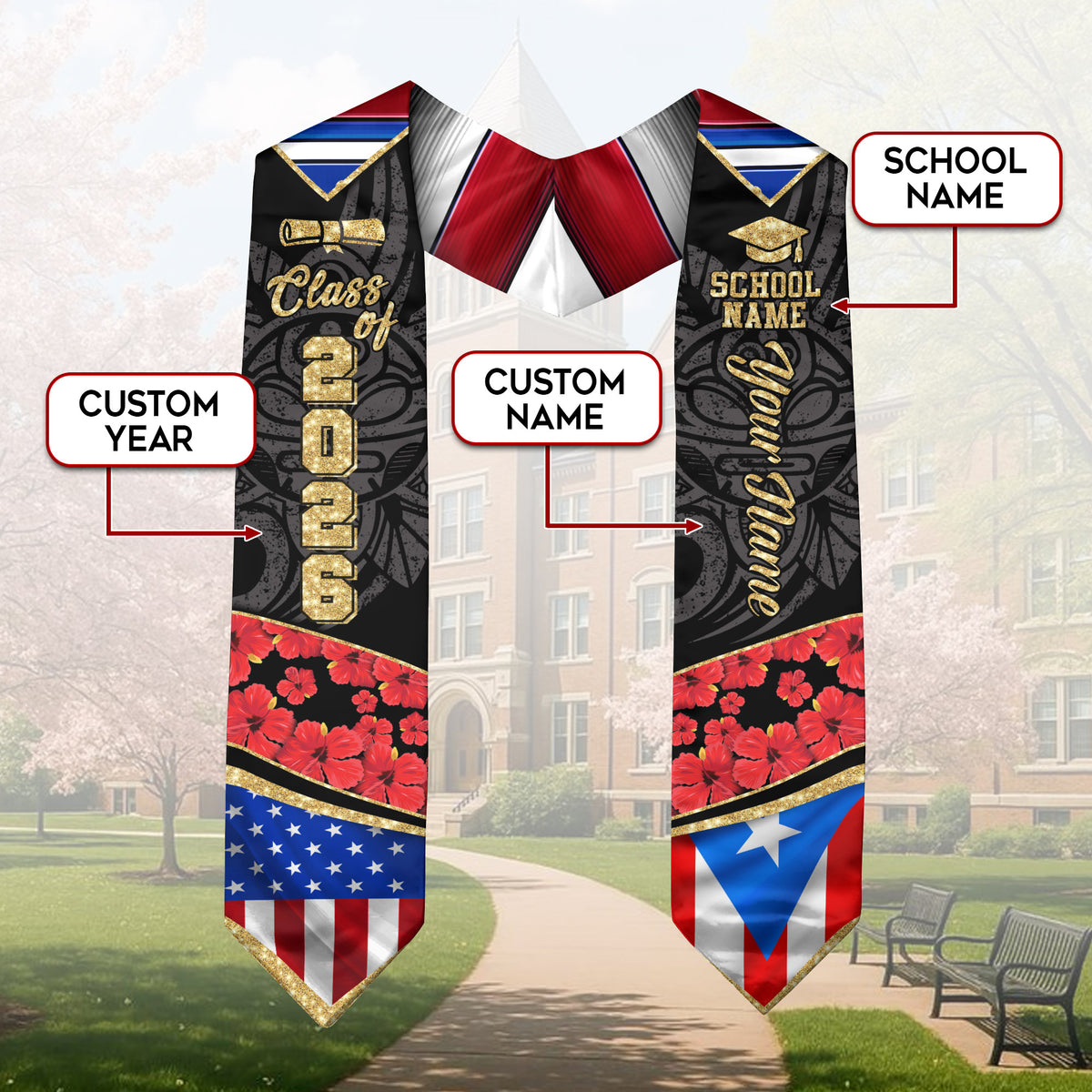 Custom Puerto Rico American Floral Hibiscus Flag Heritage Graduation Sash 2026 Stole